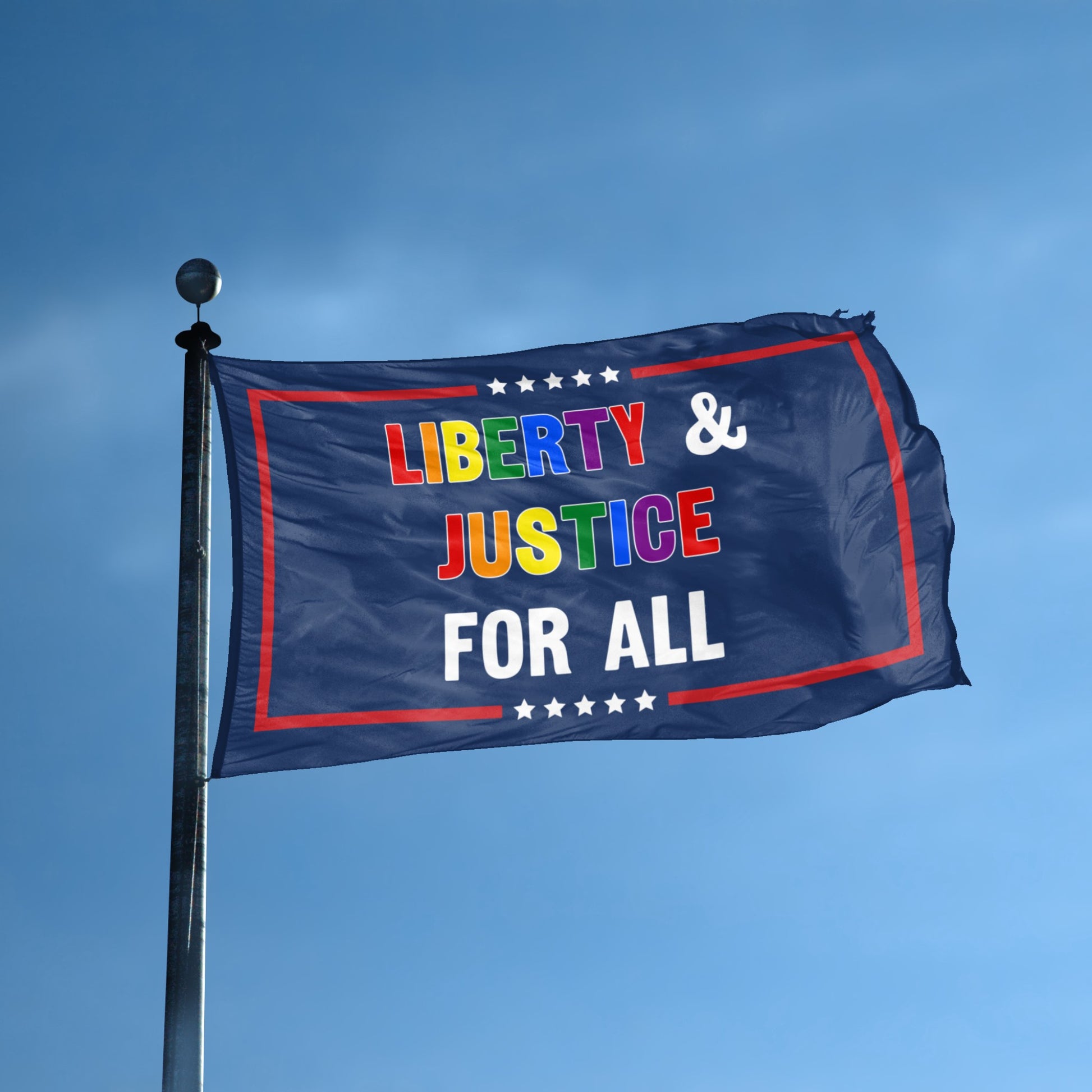 A flag with the theme "Liberty & Justice For All Pride" displayed on a tall flag pole and blue skies.