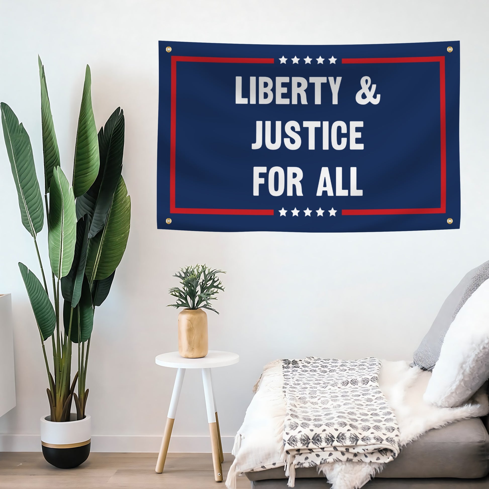 Banner with 'Liberty & Justice for All' text in a room with plants and furniture.