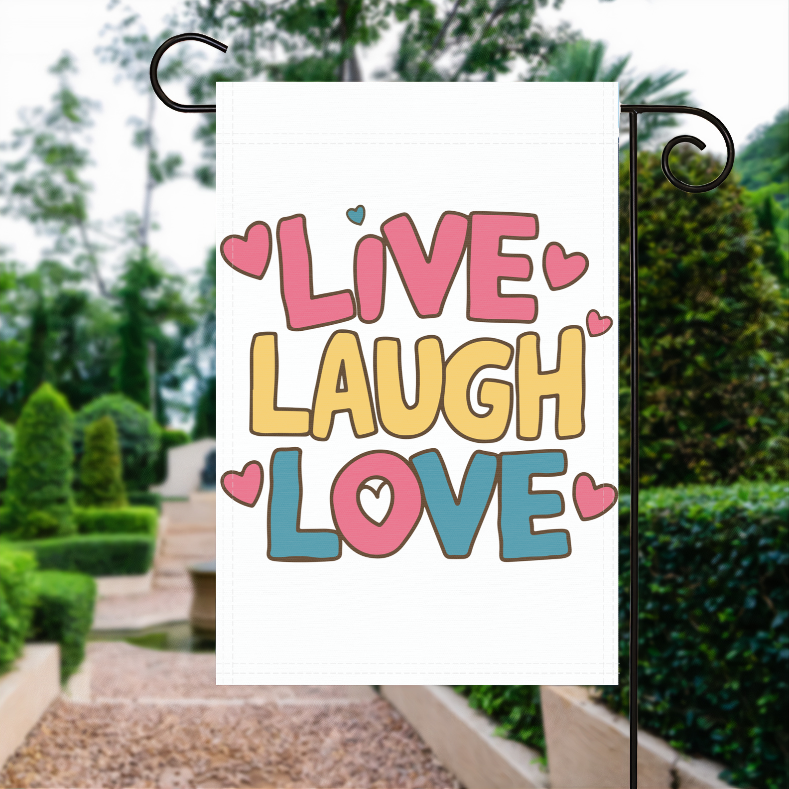 Live Laugh Love garden flag made of weatherproof polyester displayed in a garden | Bannerfi