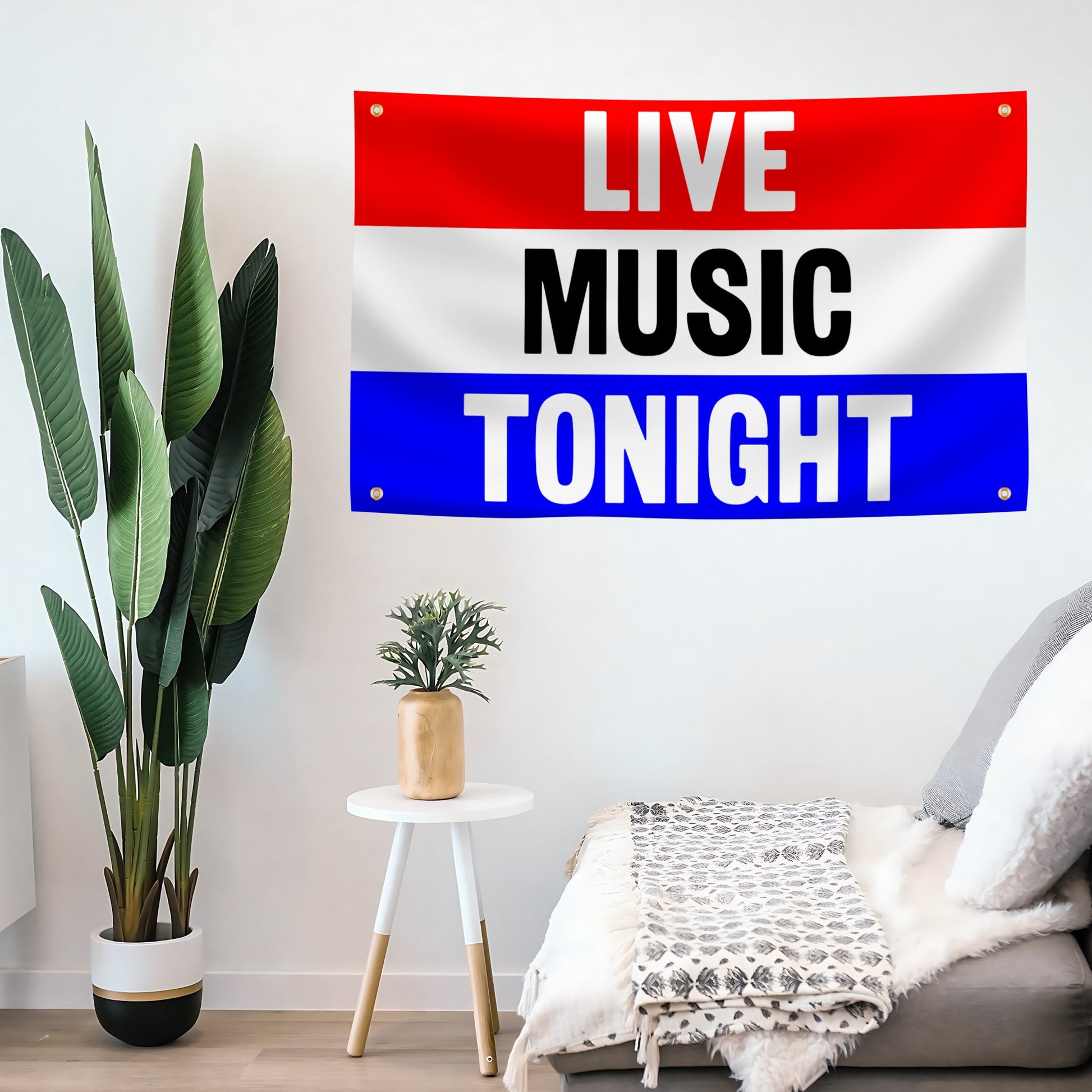 Room with 'Live Music Tonight' flag banner on the wall