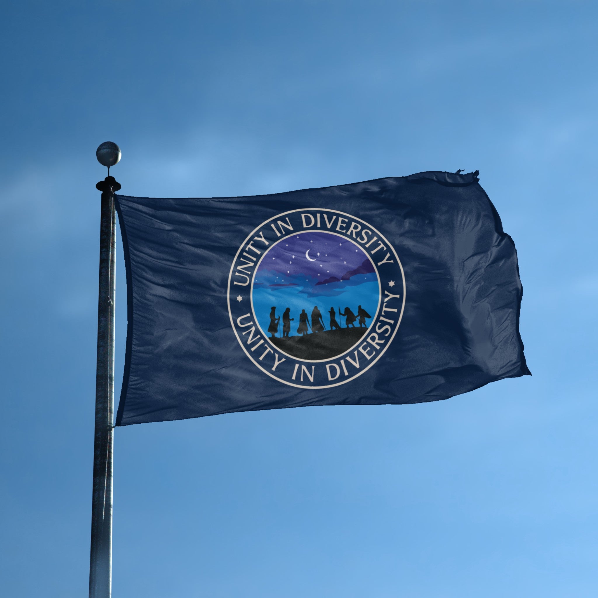 A flag with the theme "LOTR Unity In Diversity" displayed on a tall flag pole and blue skies.