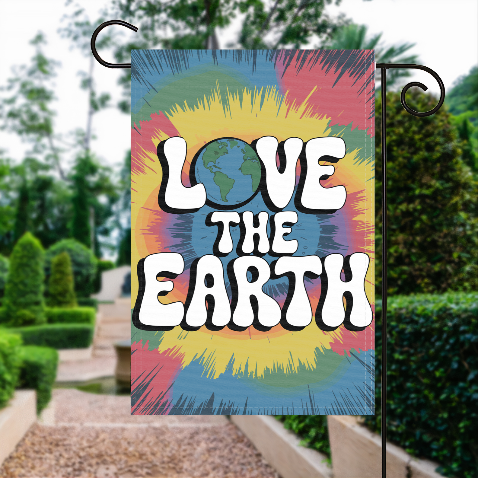 Love The Earth garden flag made of weatherproof polyester displayed in a garden | Bannerfi
