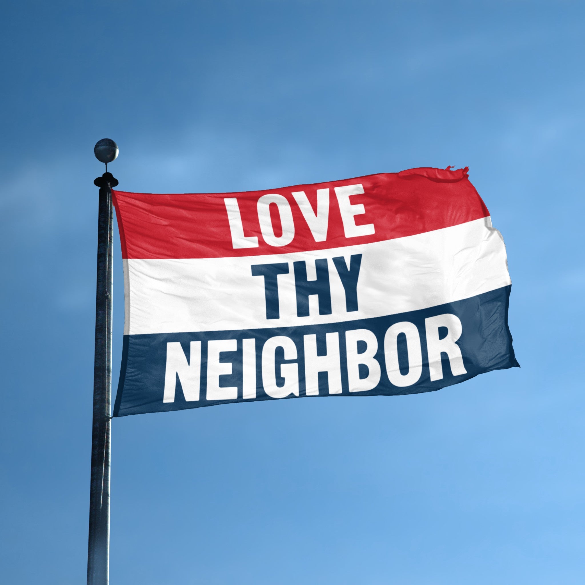 Love Thy Neighbor flag displayed outdoors – weatherproof house banner on pole | Bannerfi