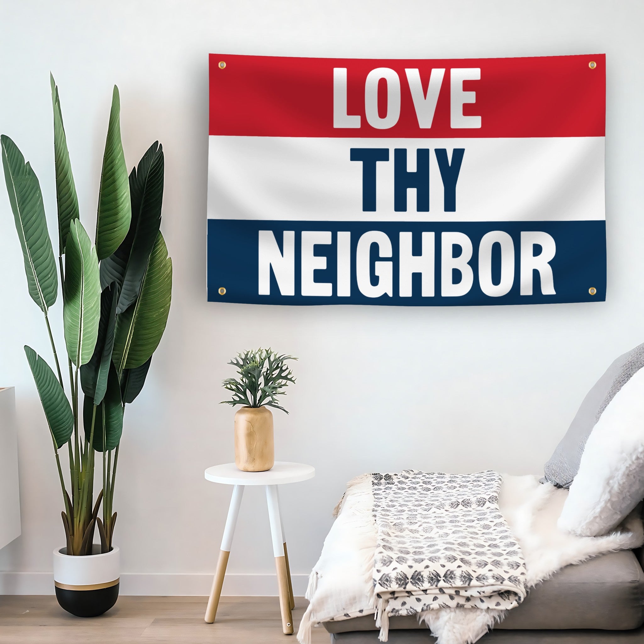 Love Thy Neighbor flag as indoor wall art – versatile home décor | Bannerfi