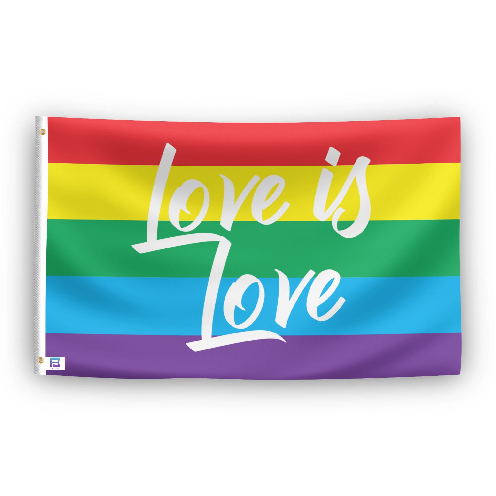 Rainbow flag with 'Love is Love' text in white