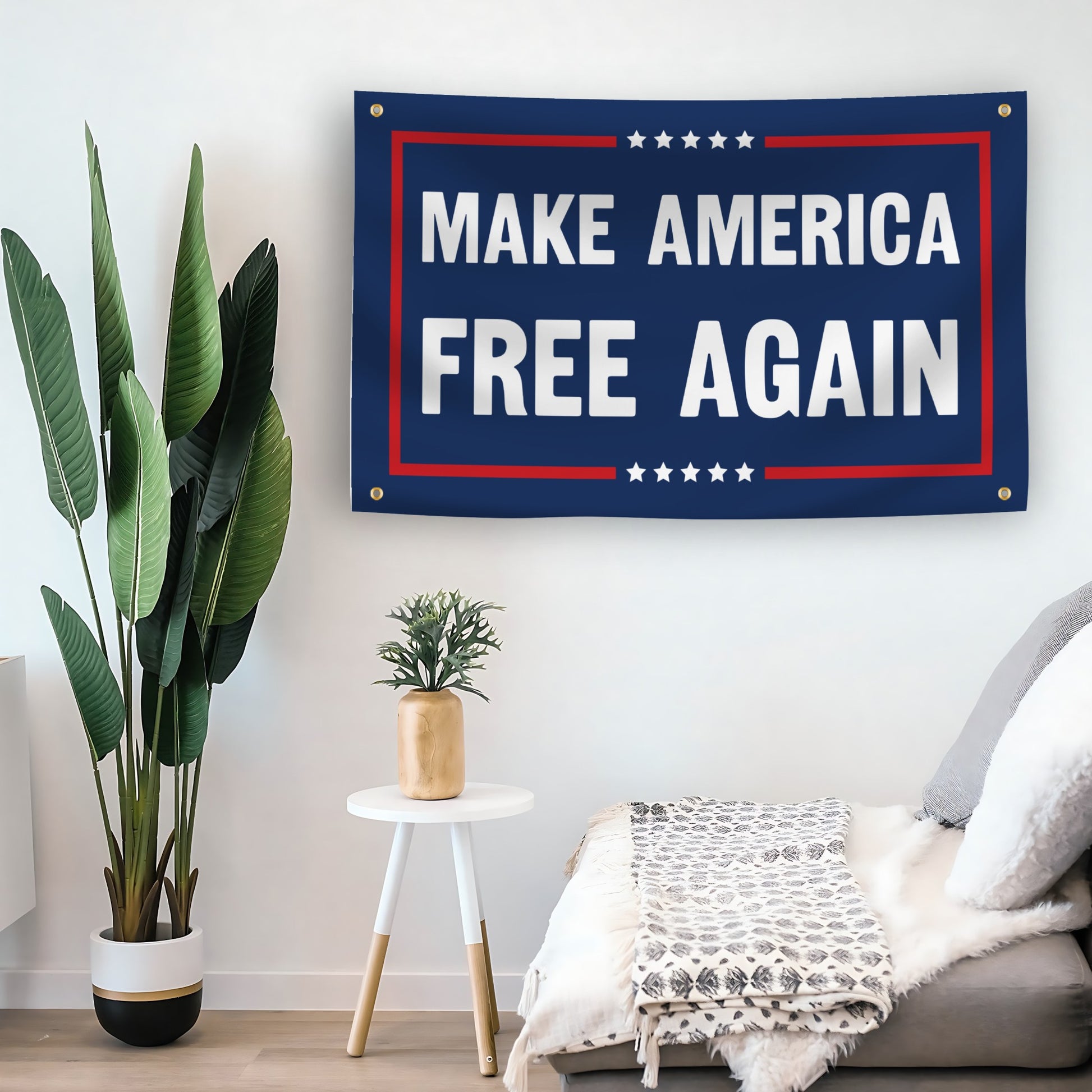 Room interior with 'Make America Free Again' banner on the wall