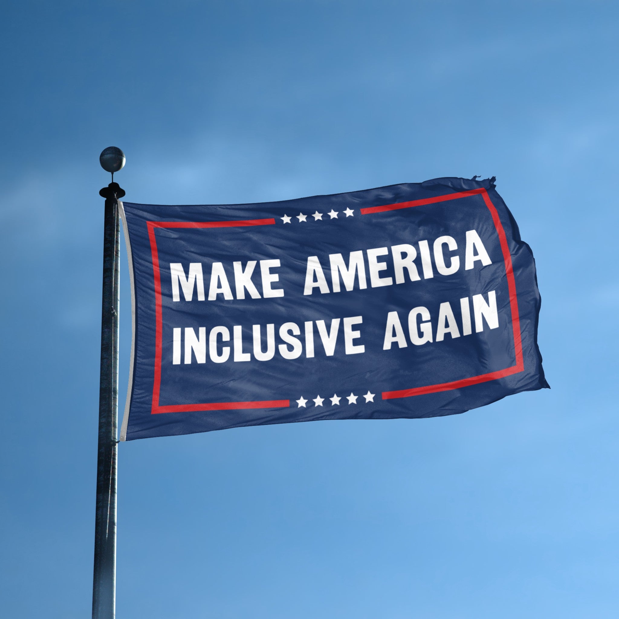 Flag with 'Make America Inclusive Again' text against a blue sky