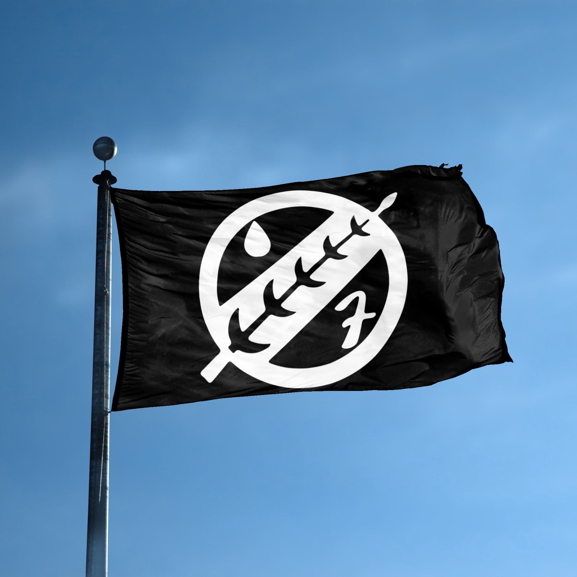A flag with the theme "Star Wars Mythosaur Skull" displayed on a tall flag pole and blue skies.