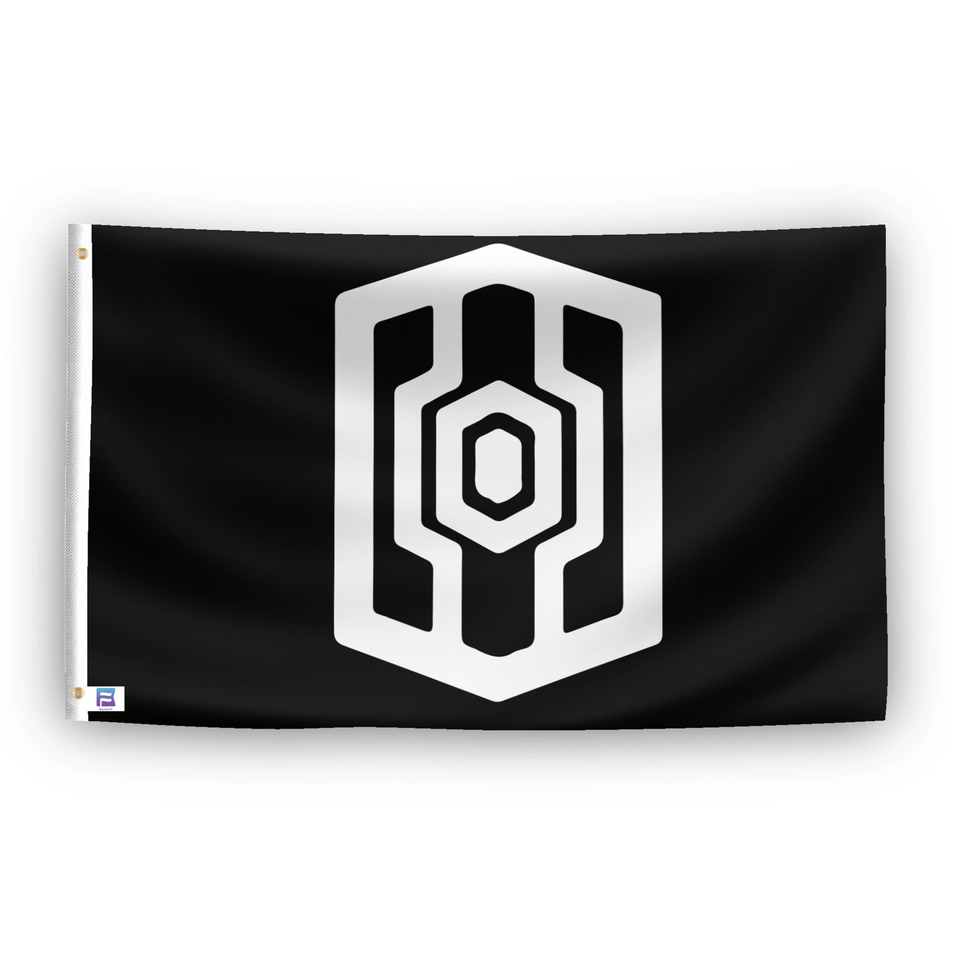 A flag with the theme "Star Wars Mandalorian Guard", displayed with two brass grommets reinforced with a white canvas header.