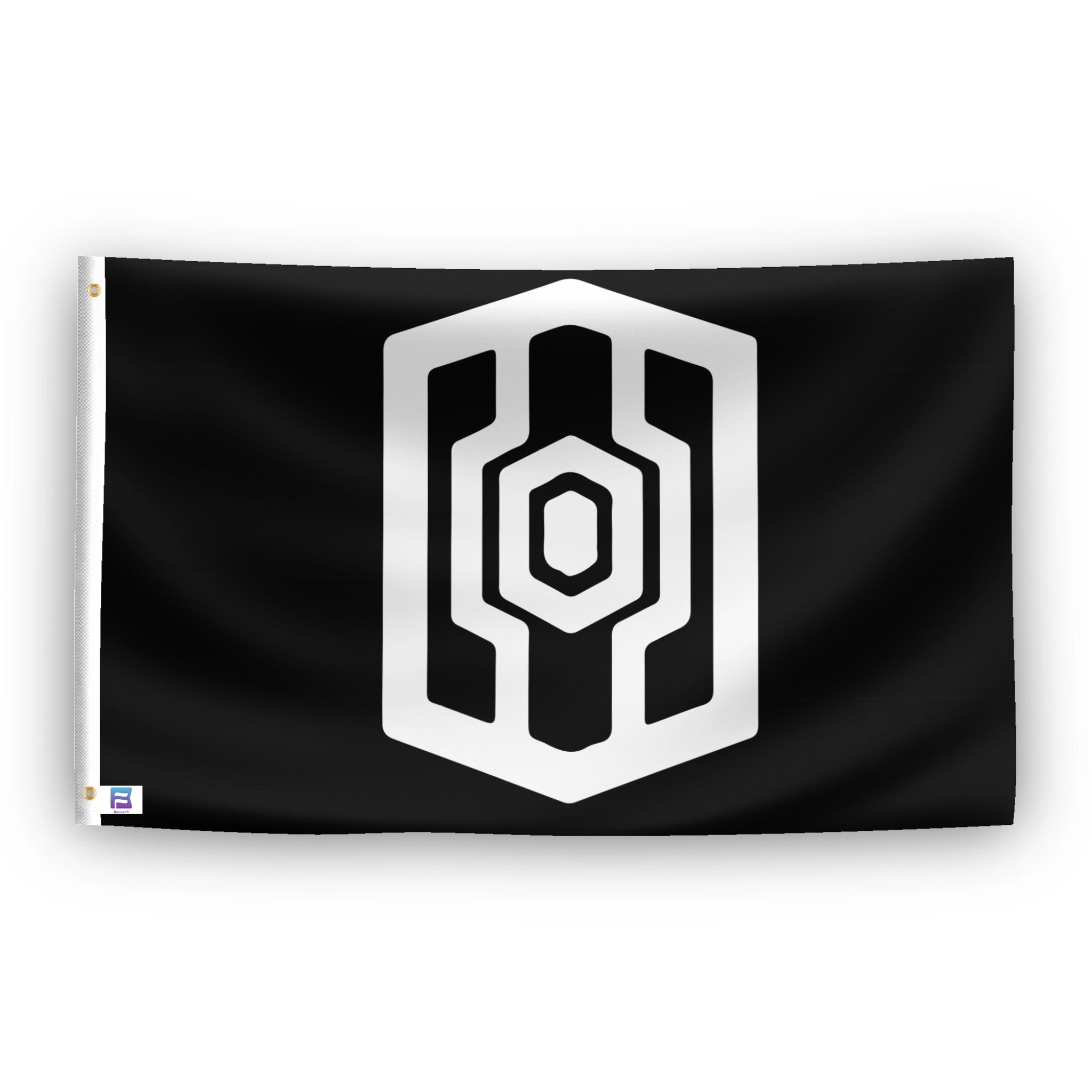 A flag with the theme "Star Wars Mandalorian Guard", displayed with two brass grommets reinforced with a white canvas header.