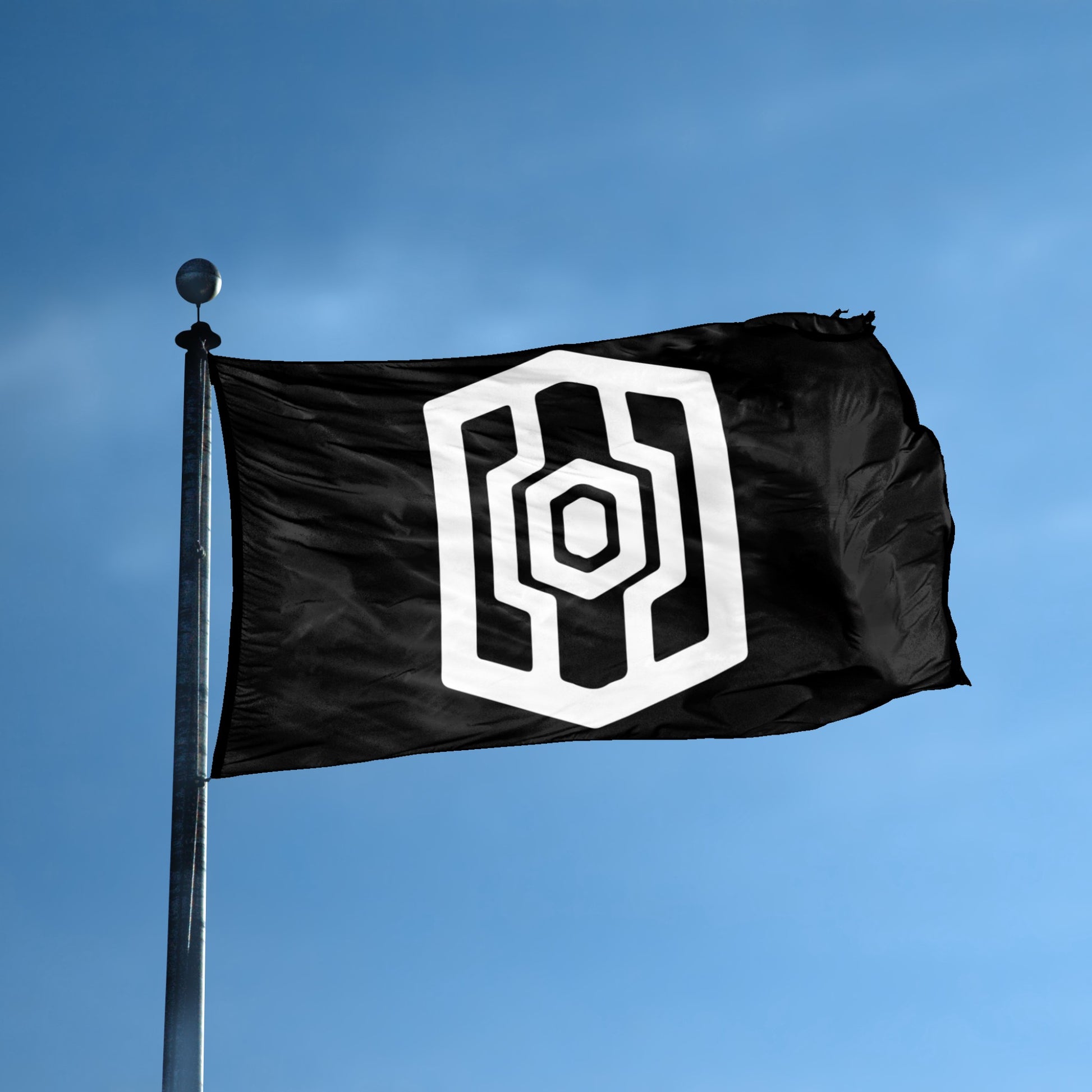 A flag with the theme "Star Wars Mandalorian Guard" displayed on a tall flag pole and blue skies.