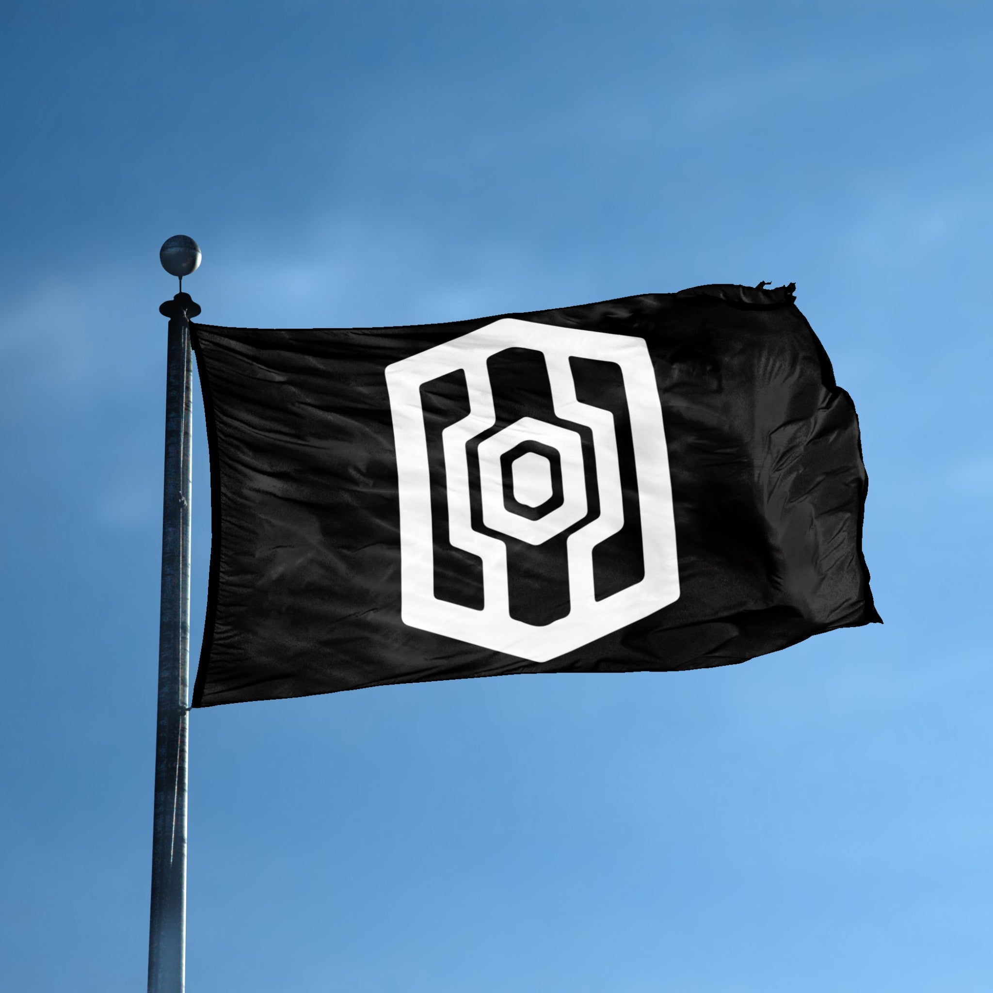 A flag with the theme "Star Wars Mandalorian Guard" displayed on a tall flag pole and blue skies.
