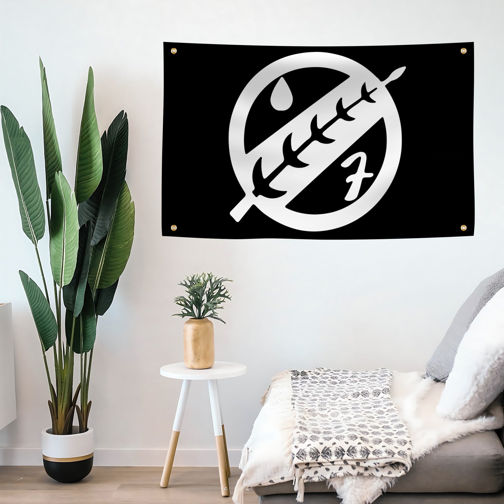 Star Wars Mandalorian Boba Fett Crest Flag banner on a living room wall.