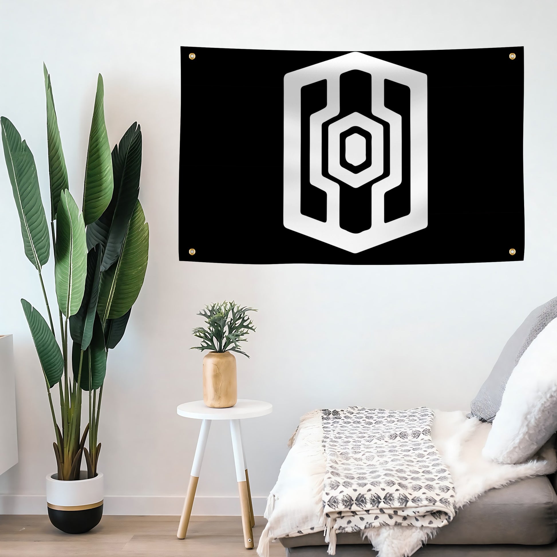 Decorative wall banner with the Star Wars Mandalorian Guard symbol in a living room setting.