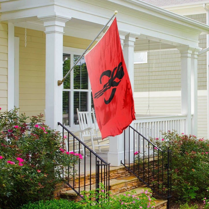 Star Wars Mandalorian Flag hanging on a front porch flag pole - Flags by Bannerfi