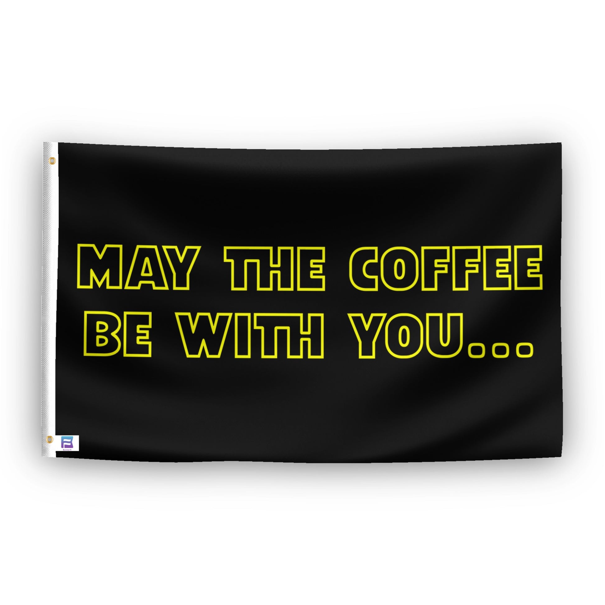 A flag with the theme "Star Wars: May The Coffee Be With You", displayed with two brass grommets reinforced with a white canvas header.