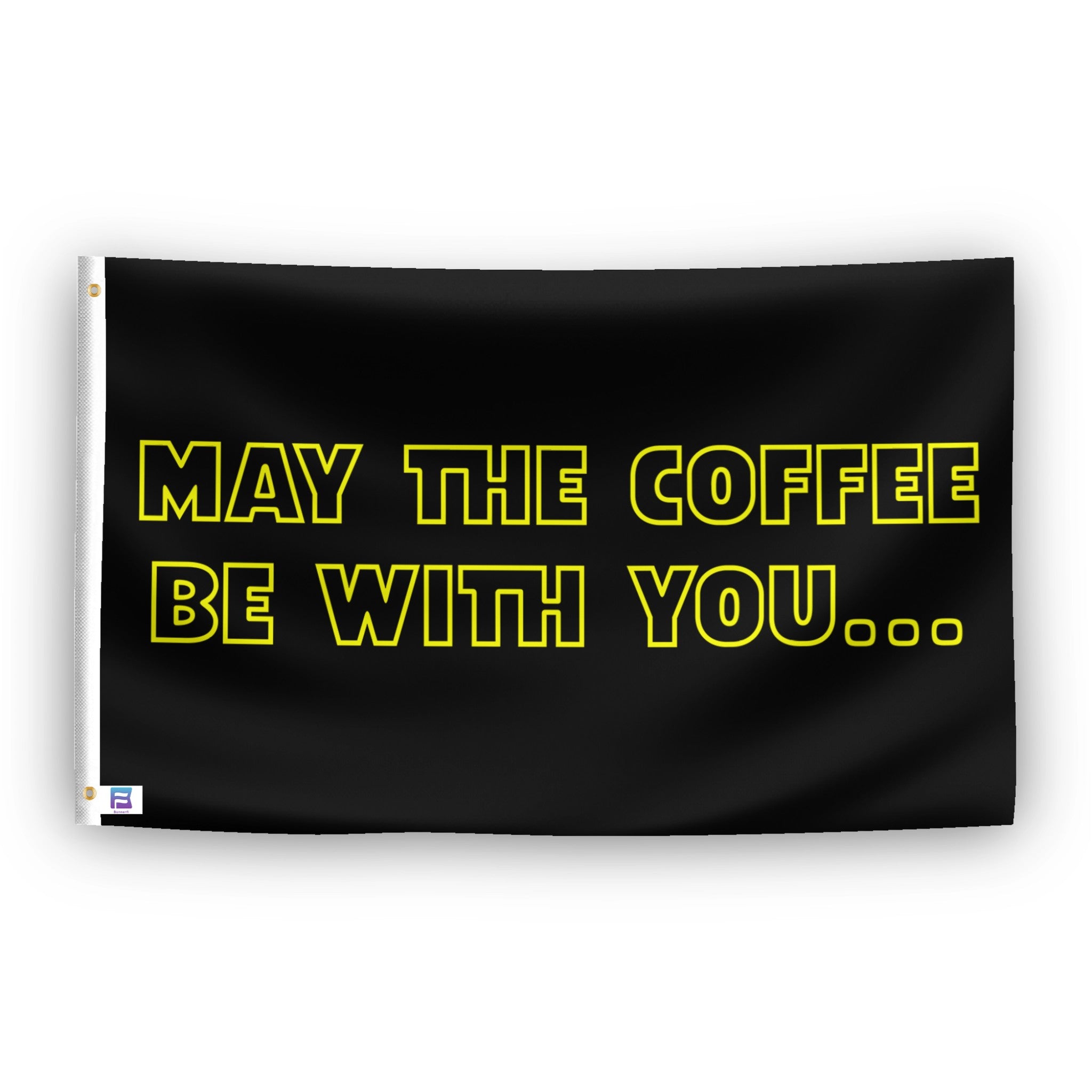 A flag with the theme "Star Wars: May The Coffee Be With You", displayed with two brass grommets reinforced with a white canvas header.