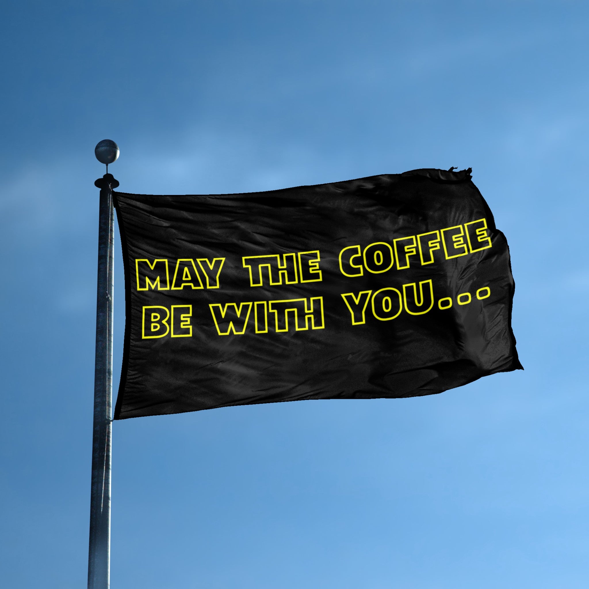A flag with the theme "Star Wars: May The Coffee Be With You" displayed on a tall flag pole and blue skies.