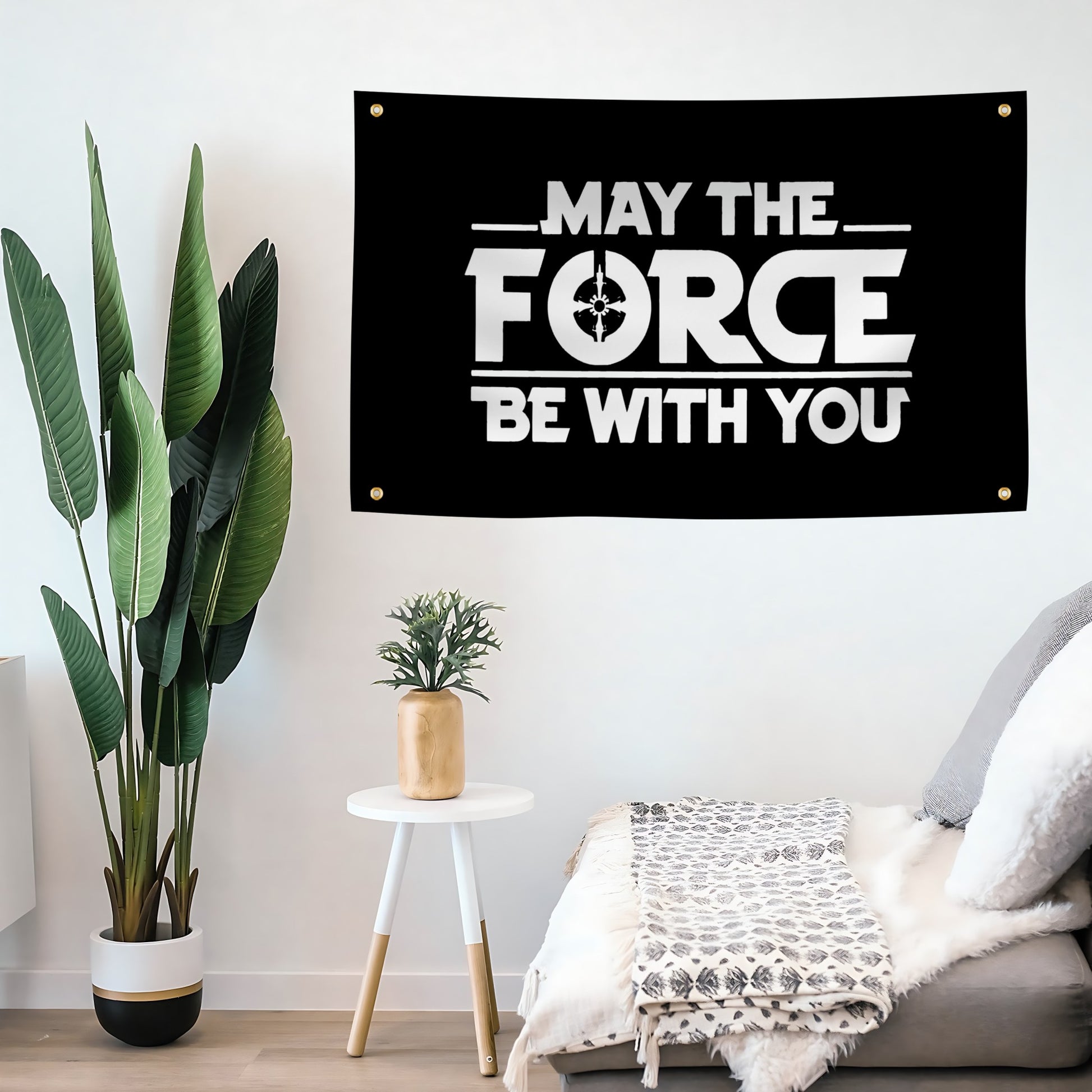 Decorative flag banner with 'May the Force Be With You' text in a living room setting.