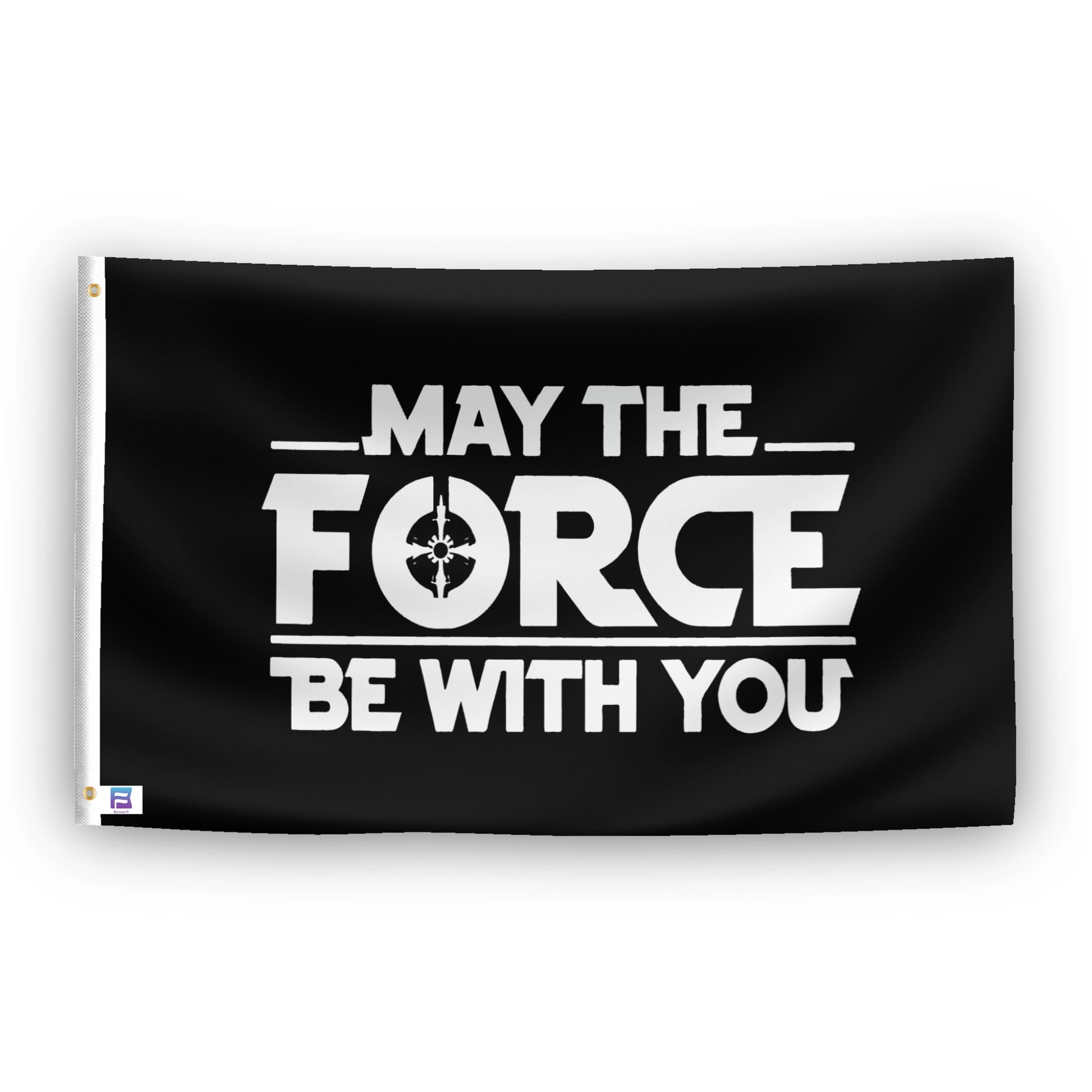 A flag with the theme "Star Wars: May The Force Be With You", displayed with two brass grommets reinforced with a white canvas header.
