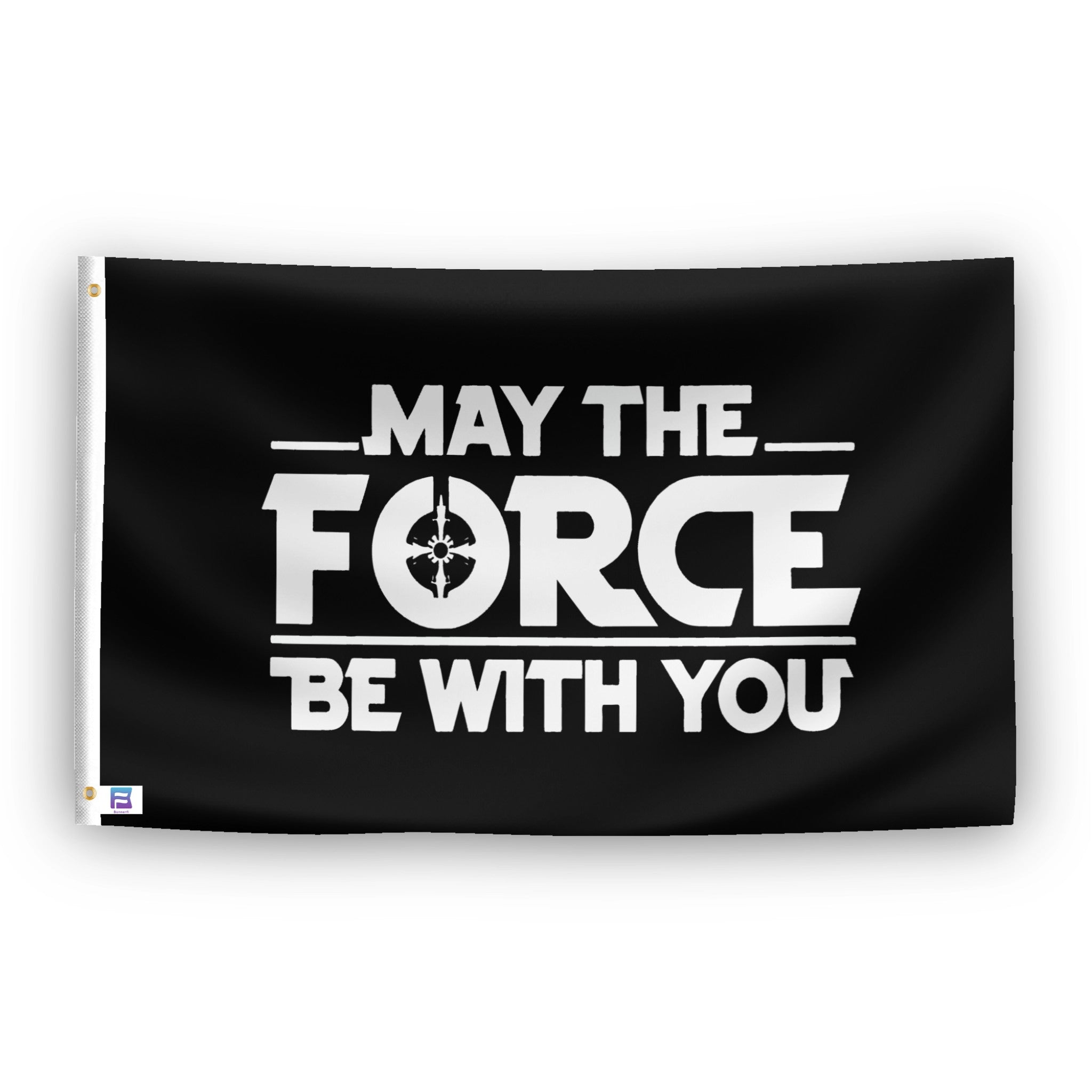 A flag with the theme "Star Wars: May The Force Be With You", displayed with two brass grommets reinforced with a white canvas header.