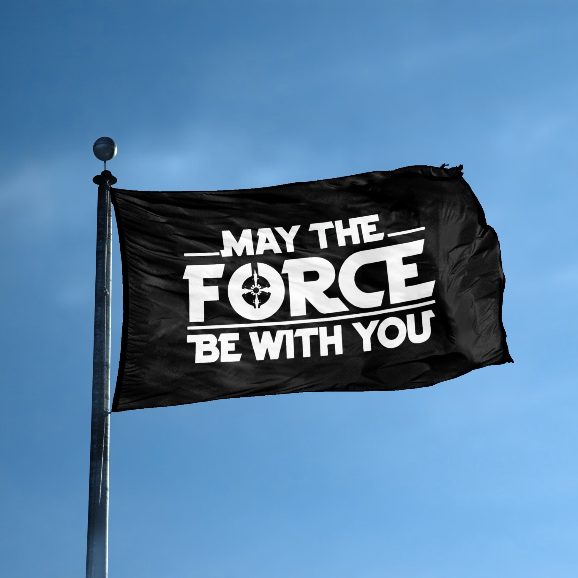 A flag with the theme "Star Wars: May The Force Be With You" displayed on a tall flag pole and blue skies.