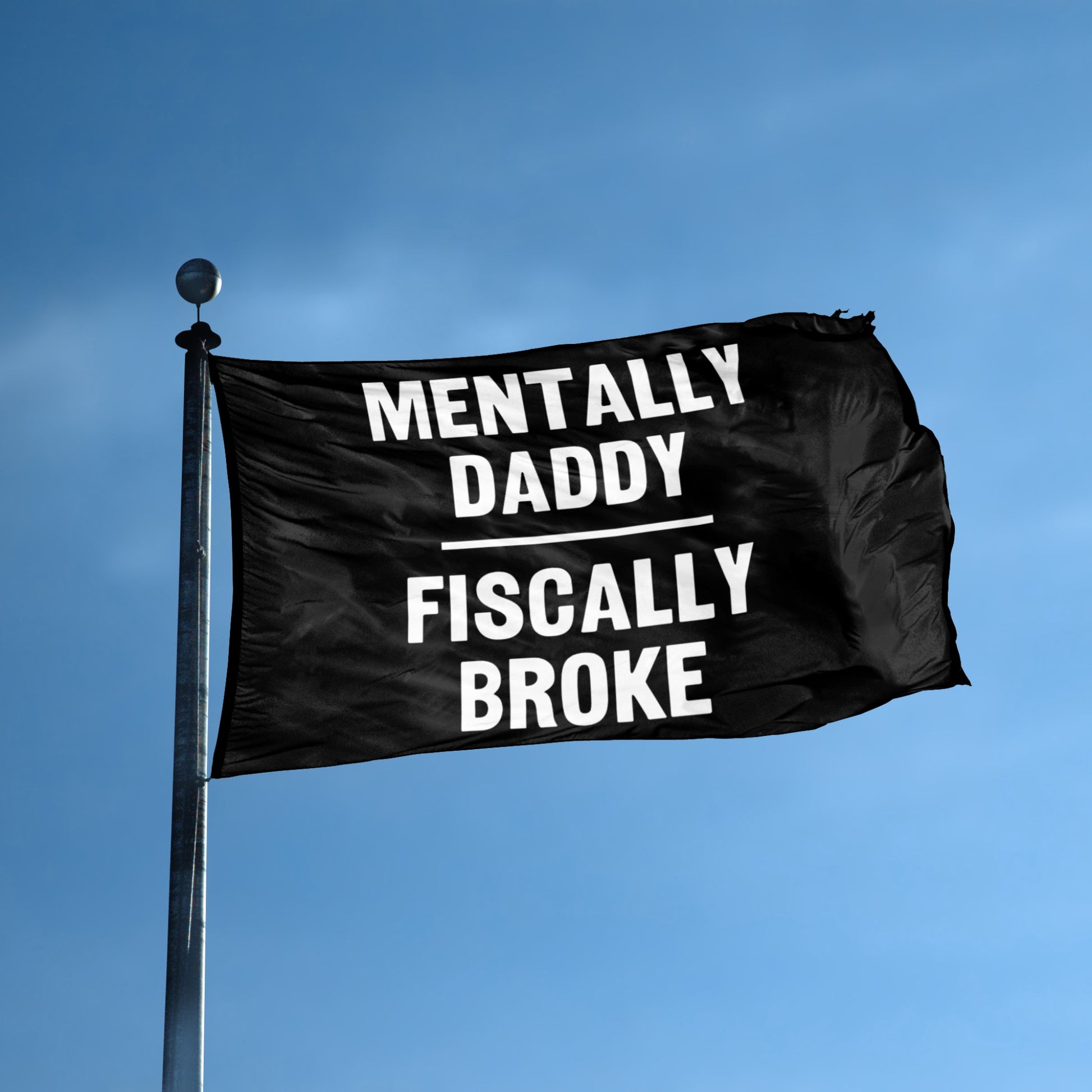 Mentally Daddy Fiscally Broke flag displayed outdoors – weatherproof house banner on pole | Bannerfi