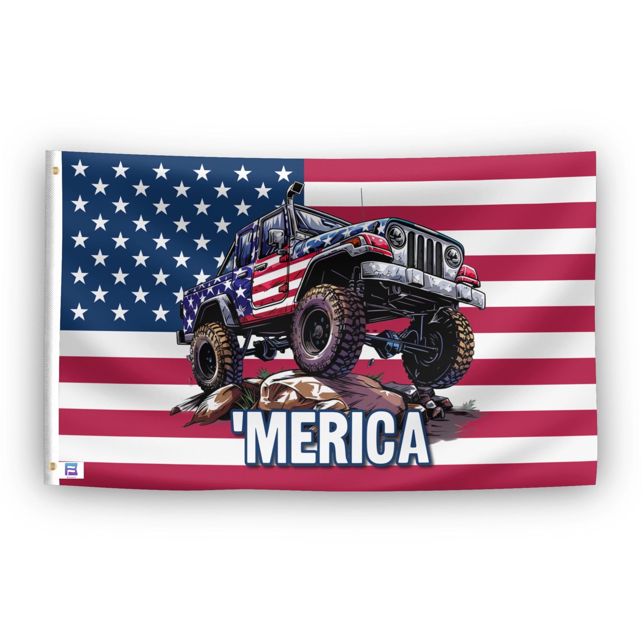 MERICA Jeep flag – weatherproof polyester with brass grommets and canvas header | Bannerfi