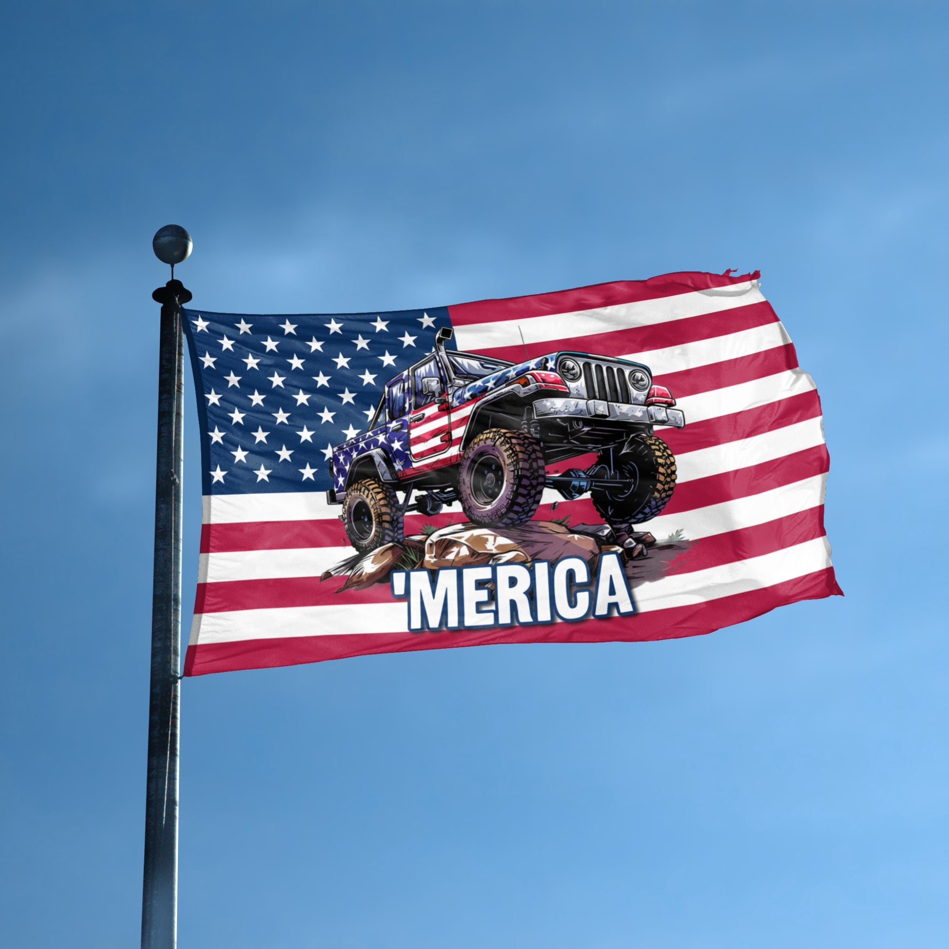 MERICA Jeep flag displayed outdoors – weatherproof house banner on pole | Bannerfi