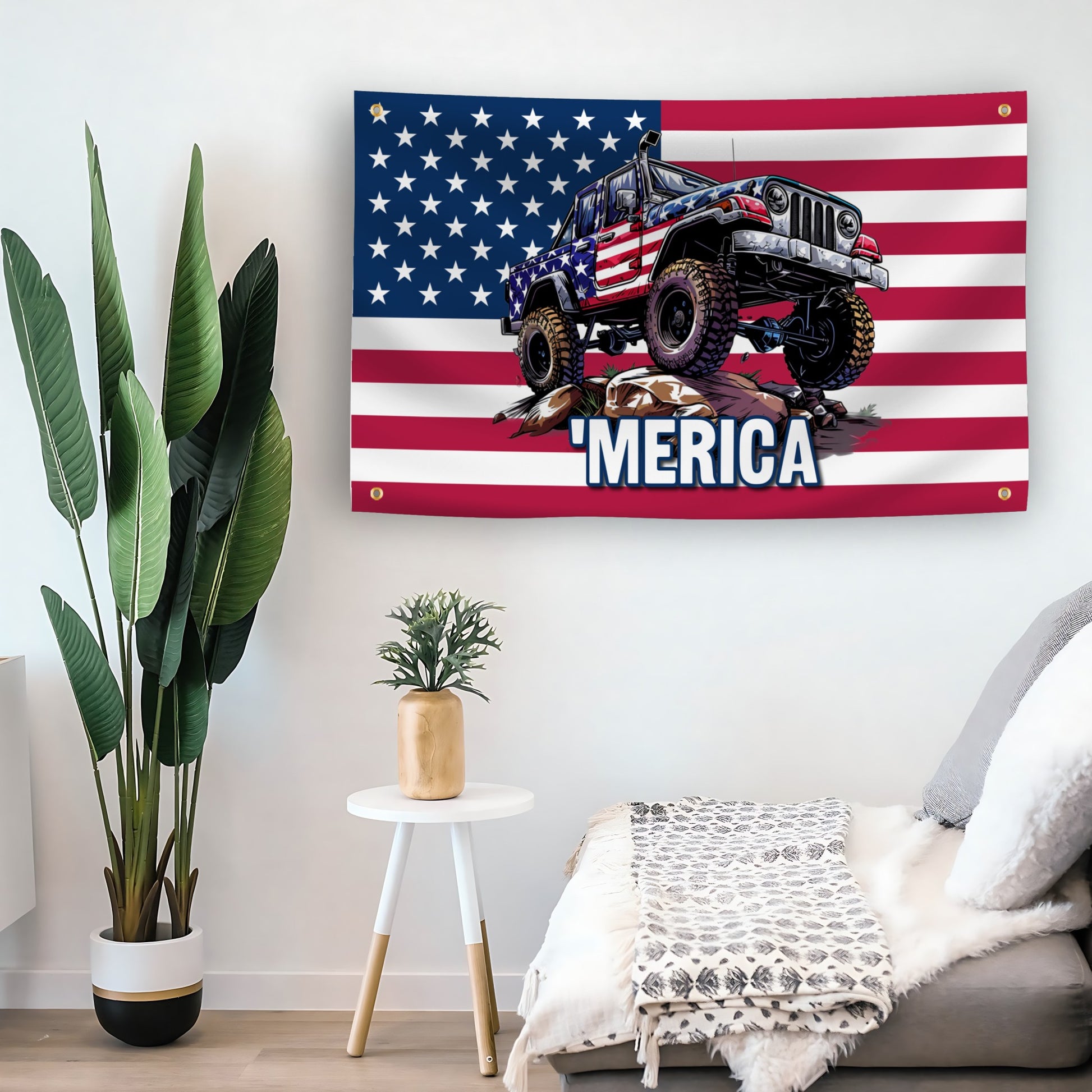 MERICA Jeep flag as indoor wall art – versatile home décor | Bannerfi