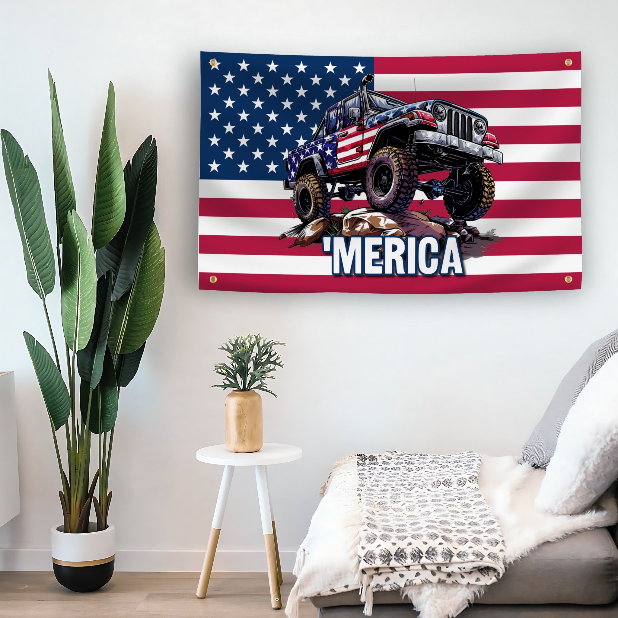 MERICA Jeep flag as indoor wall art – versatile home décor | Bannerfi