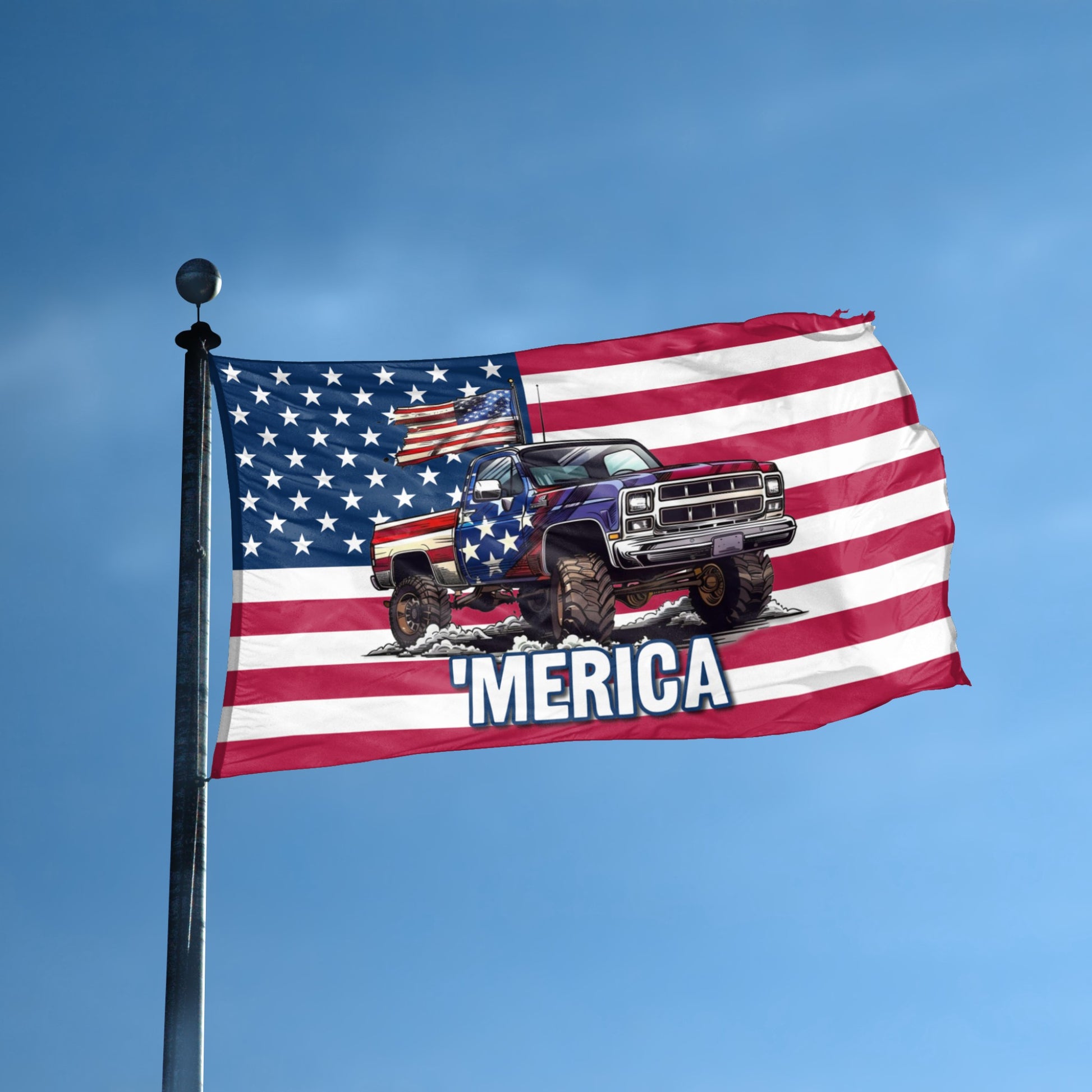 MERICA Pickup Truck flag displayed outdoors – weatherproof house banner on pole | Bannerfi