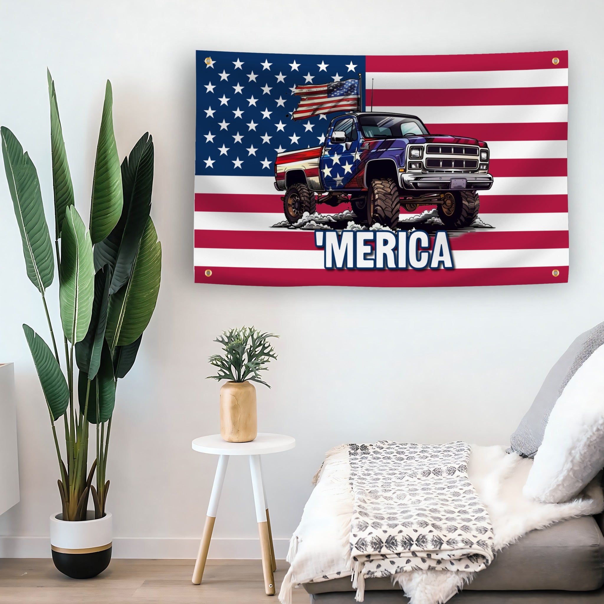 MERICA Pickup Truck flag as indoor wall art – versatile home décor | Bannerfi