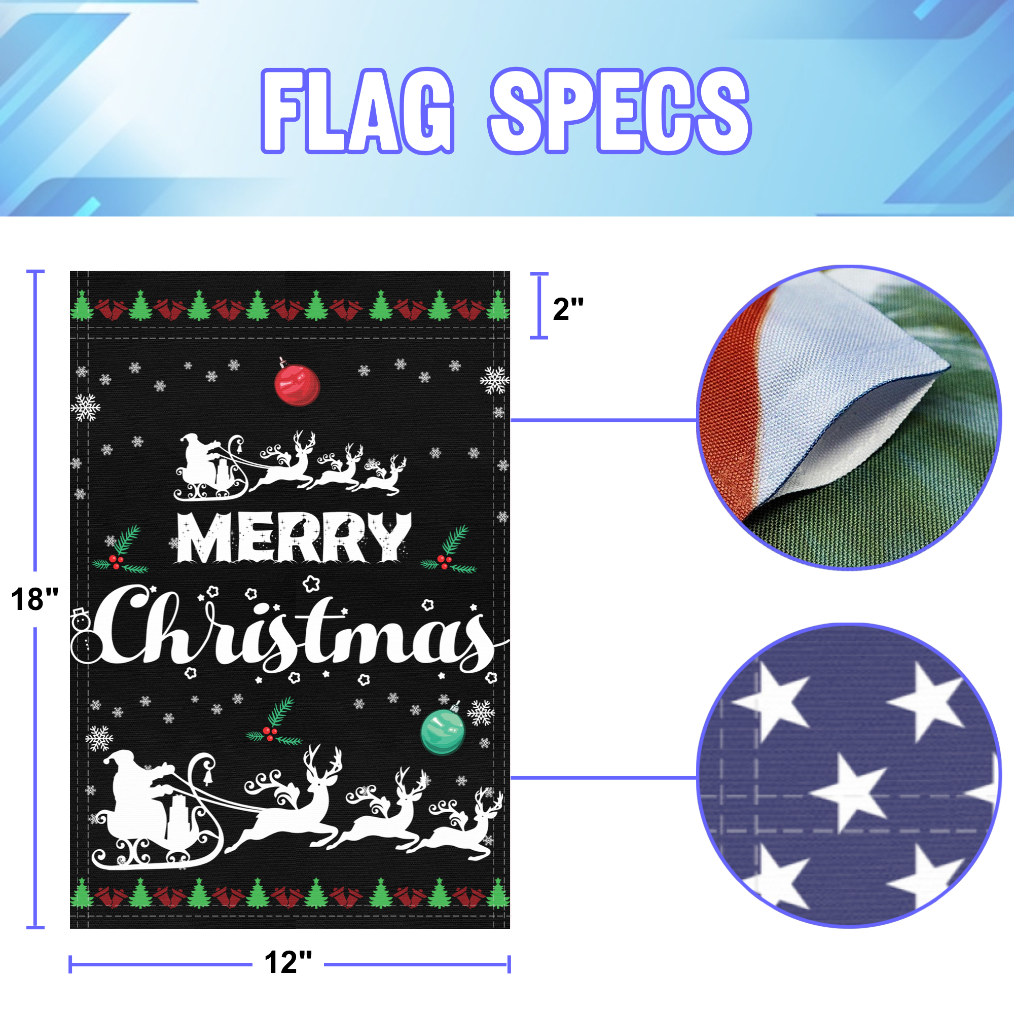 Merry Christmas garden flag size specifications, showing 12 inch width by 18 inch height and a 2 inch pole sleeve for a standard garden flagpole.