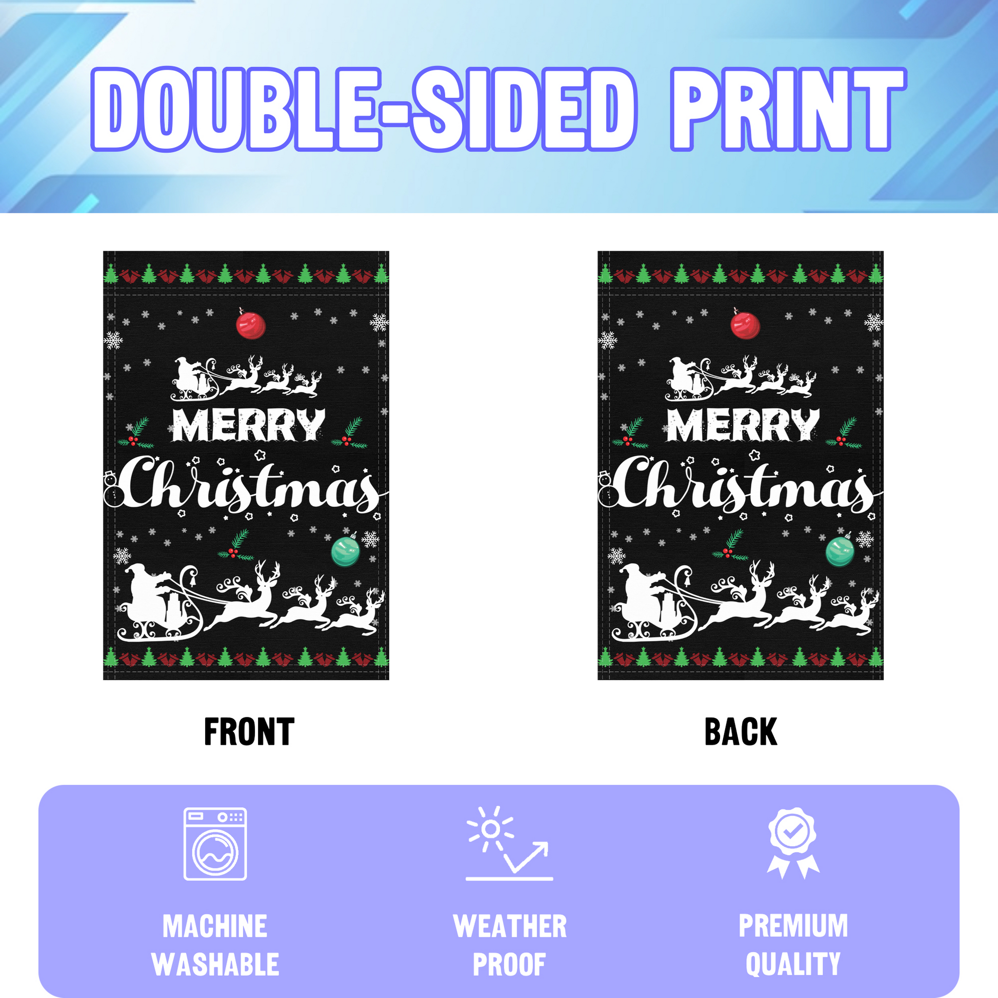 Merry Christmas garden flag displayed in an infographic, showing the double sided print and high quality characteristics | Bannerfi