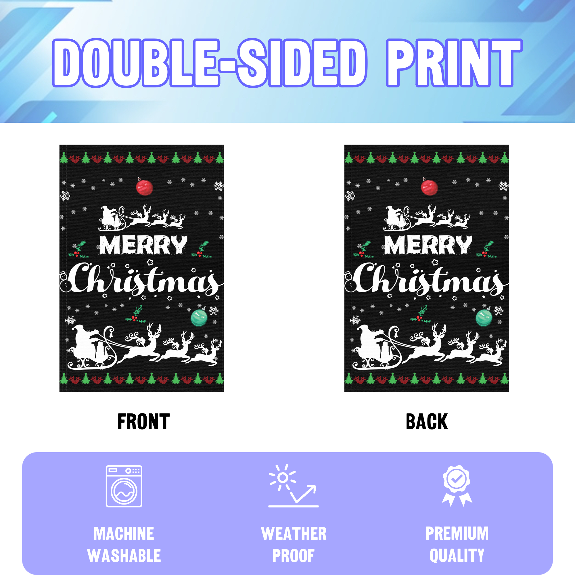 Merry Christmas garden flag displayed in an infographic, showing the double sided print and high quality characteristics | Bannerfi