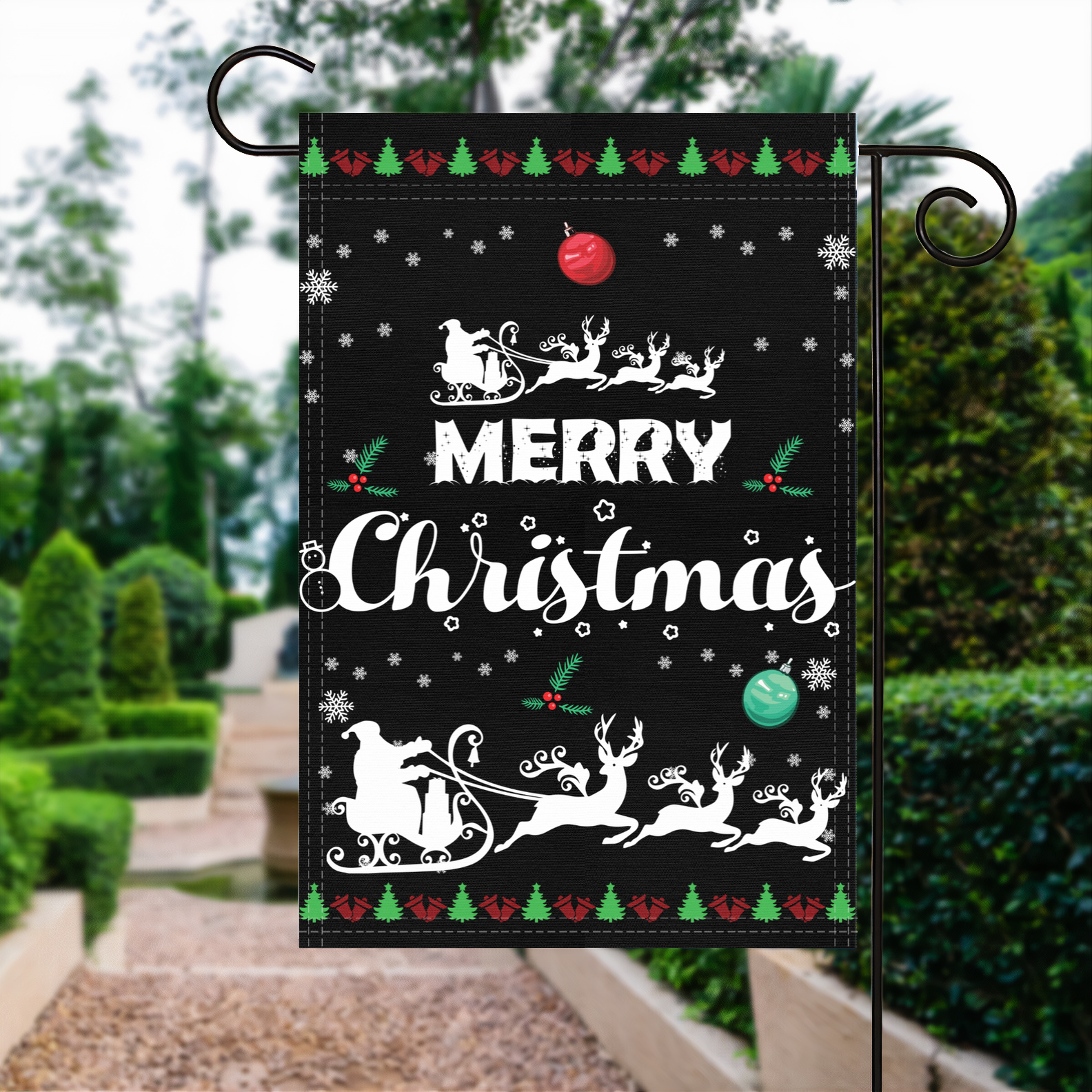 Merry Christmas garden flag made of weatherproof polyester displayed in a garden | Bannerfi