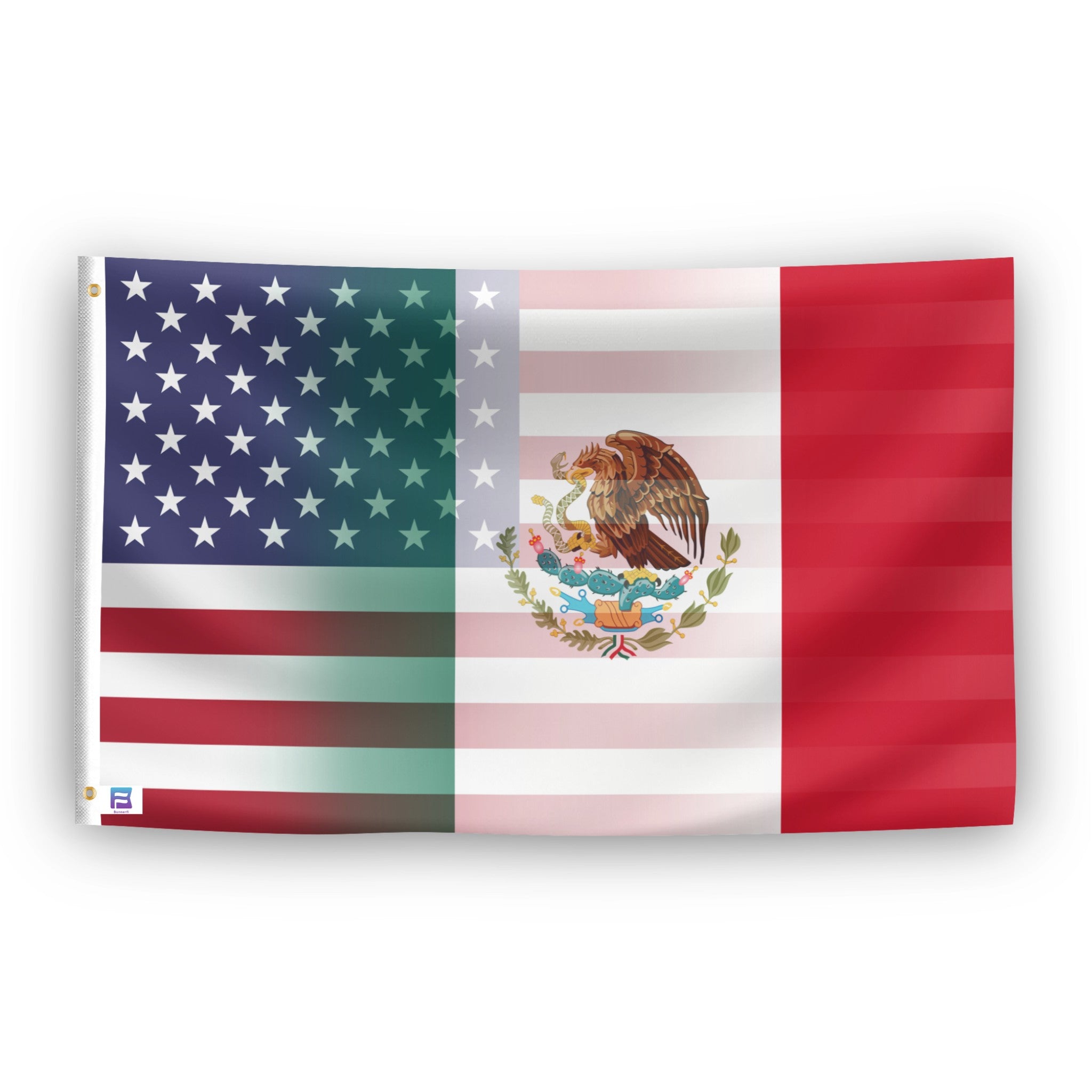 Mexican and American flag blend with alternating stripes of blue, white, red, and green, featuring a central emblem.