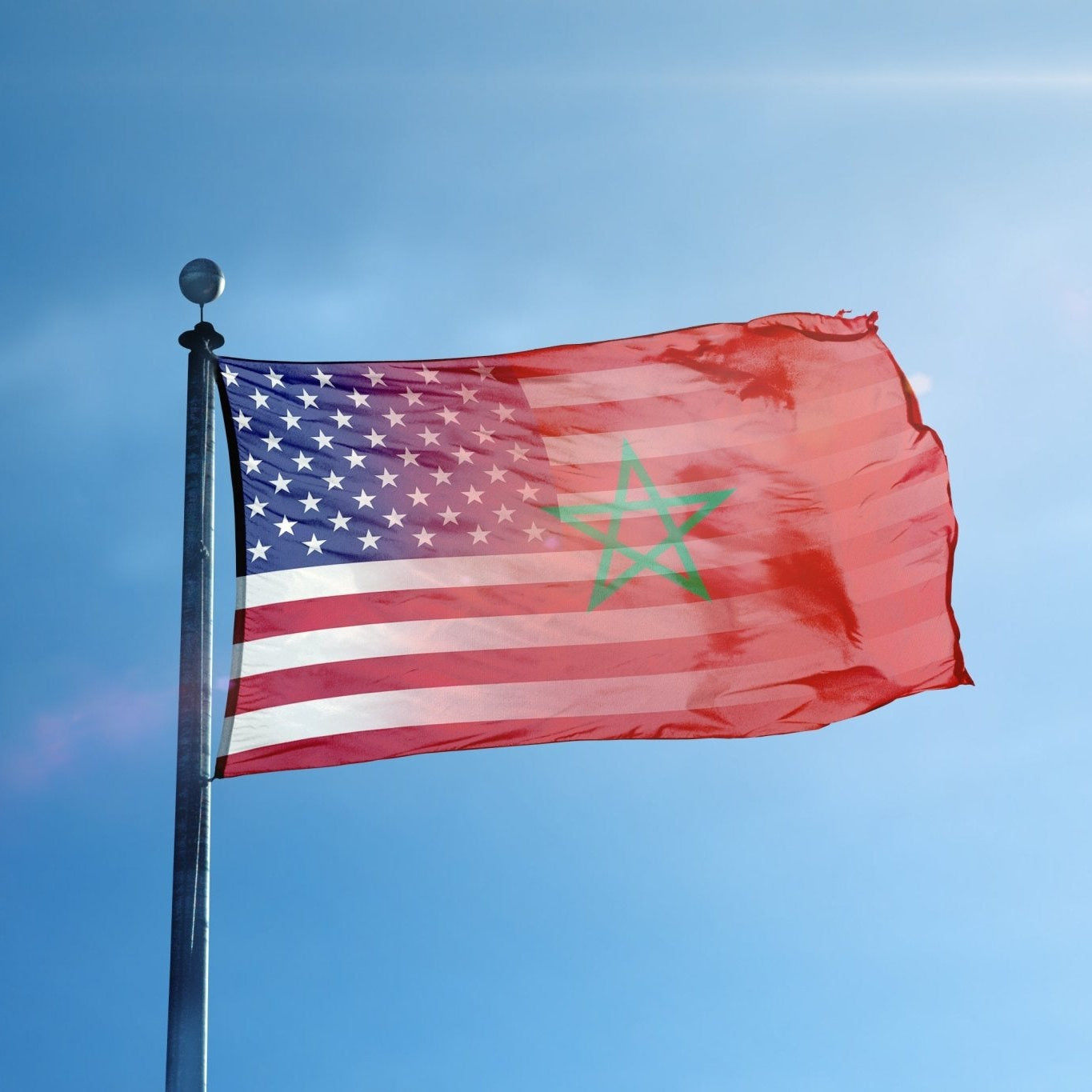 A hybrid flag featuring elements of the American flag and the Moroccan flag, with a red background and a green star flying on a flagpole.