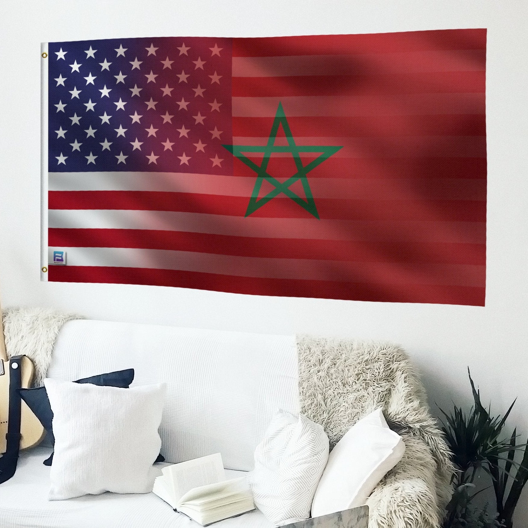 A hybrid flag featuring elements of the American flag and the Moroccan flag, with a red background and a green star on a living room wall.