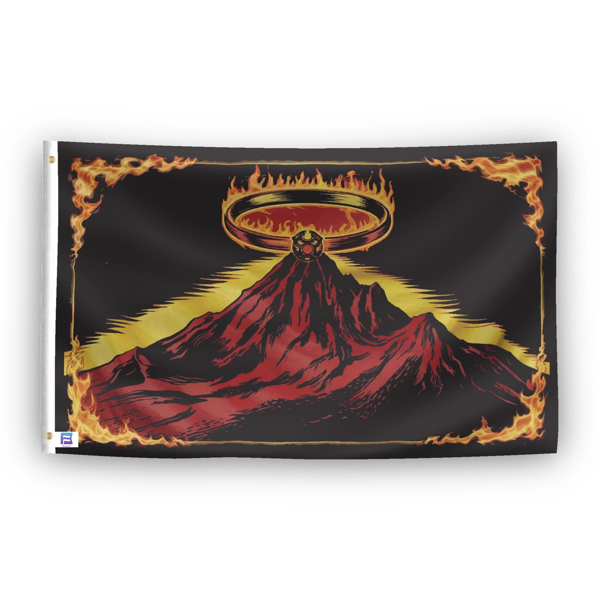 A flag with the theme "LOTR Mount Doom One Ring", displayed with two brass grommets reinforced with a white canvas header.