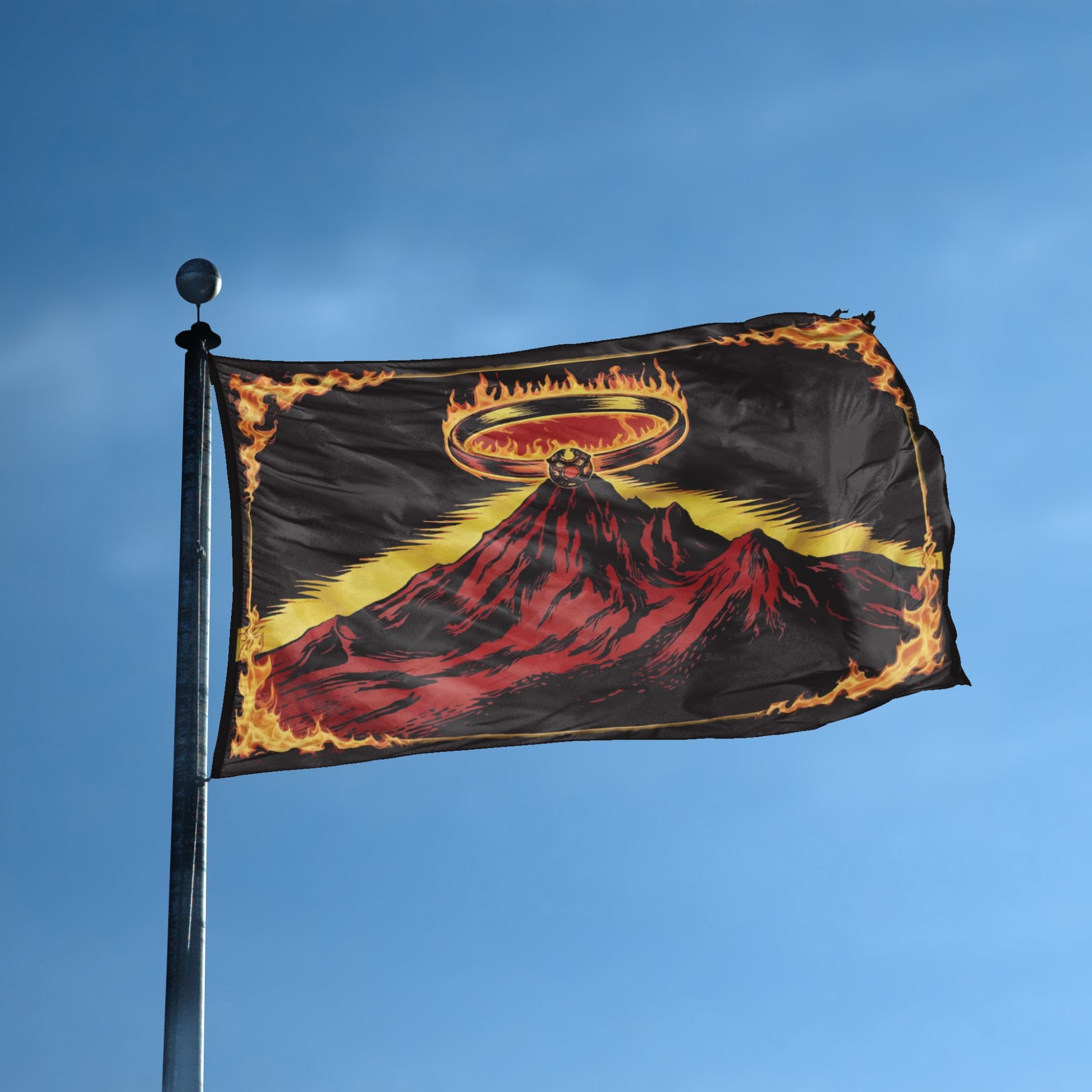 A flag with the theme "LOTR Mount Doom One Ring" displayed on a tall flag pole and blue skies.