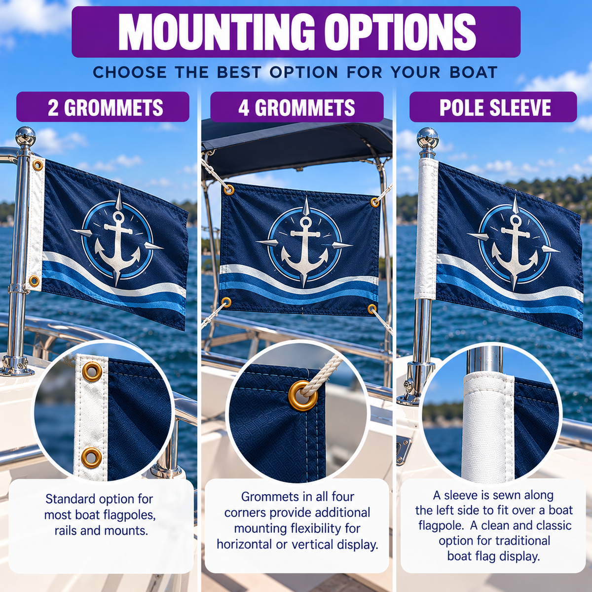 Custom Boat Flags by Bannerfi; navy blue flag with white anchor and waves, shown with grommet and pole-sleeve mounting.