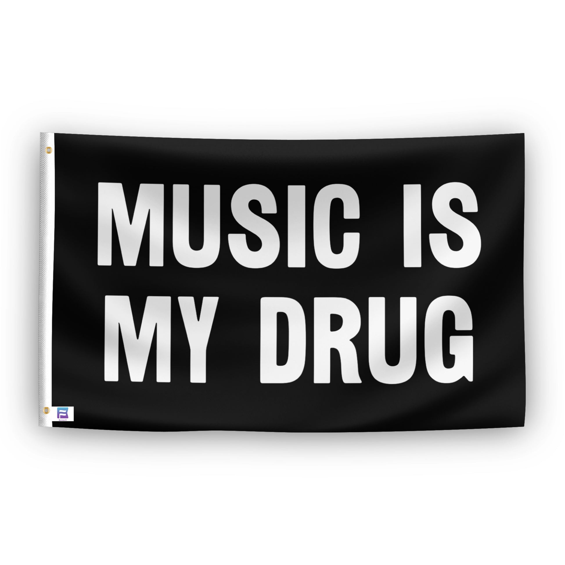 Music Is My Drug flag – weatherproof polyester with brass grommets and canvas header | Bannerfi