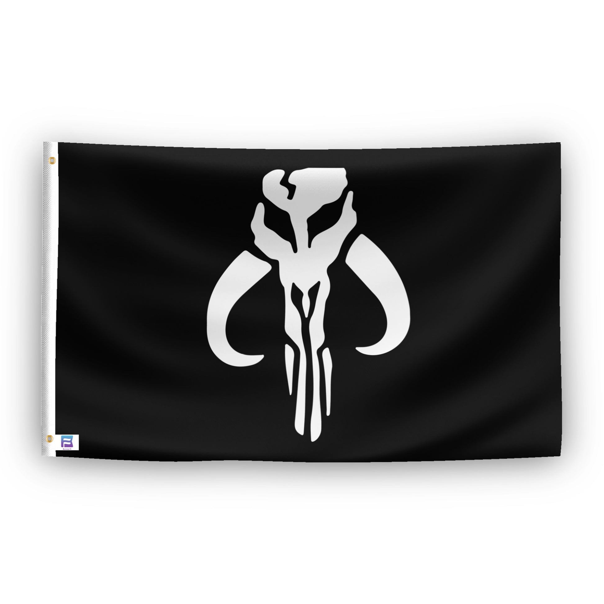 A flag with the theme "Star Wars Mandalorian Mythosaur Skull", displayed with two brass grommets reinforced with a white canvas header.
