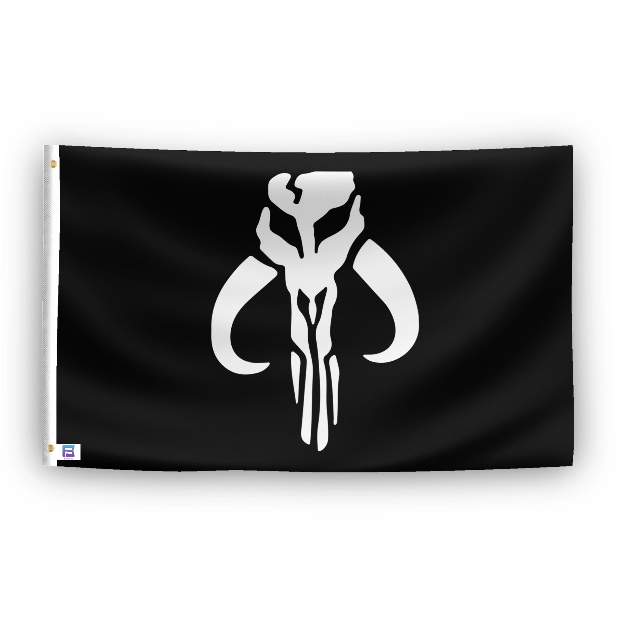 A flag with the theme "Star Wars Mandalorian Mythosaur Skull", displayed with two brass grommets reinforced with a white canvas header.