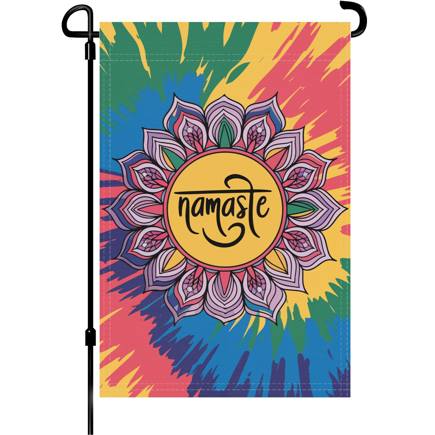 Namaste garden flag made of weatherproof polyester mounted on a garden flagpole | Bannerfi