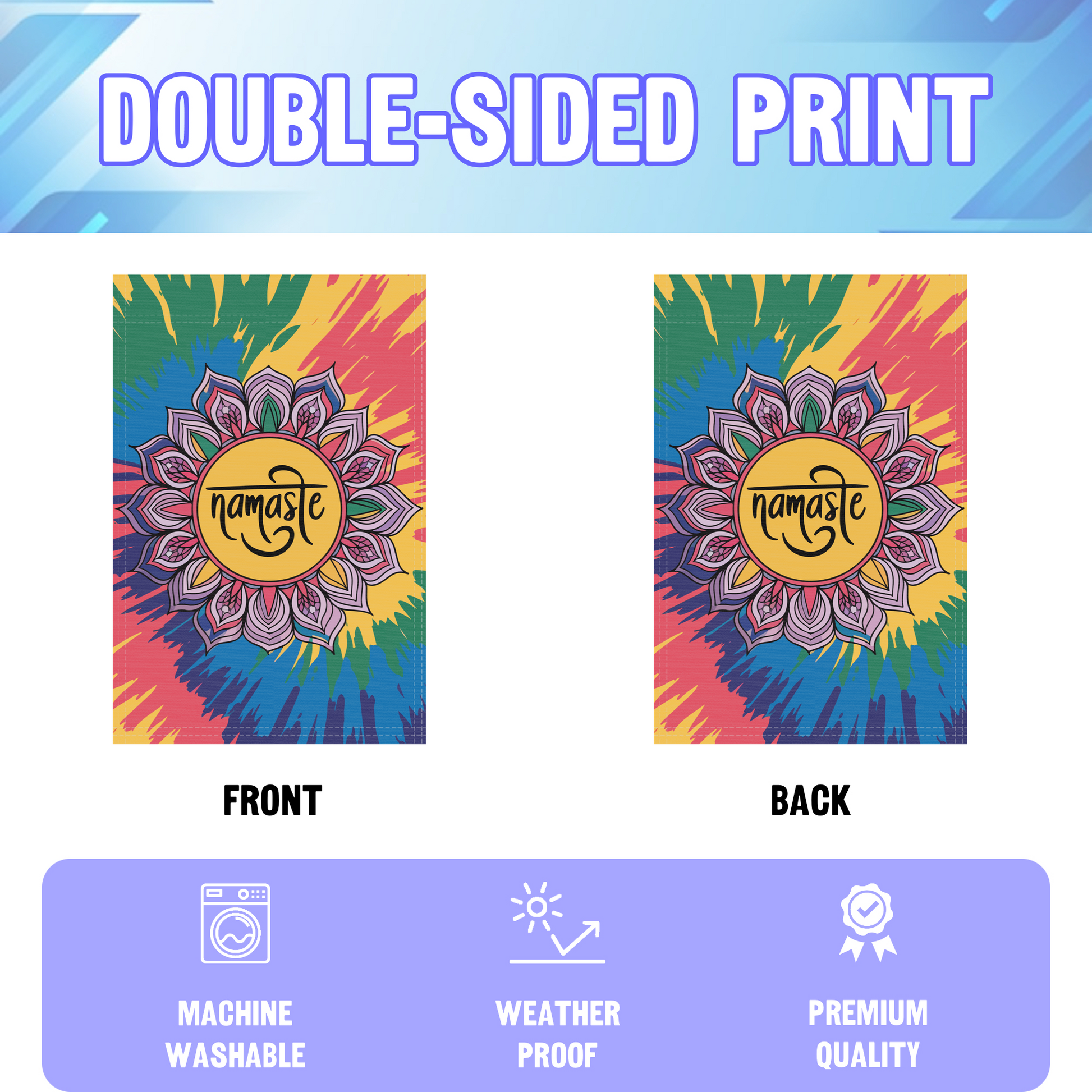 Namaste garden flag displayed in an infographic, showing the double sided print and high quality characteristics | Bannerfi