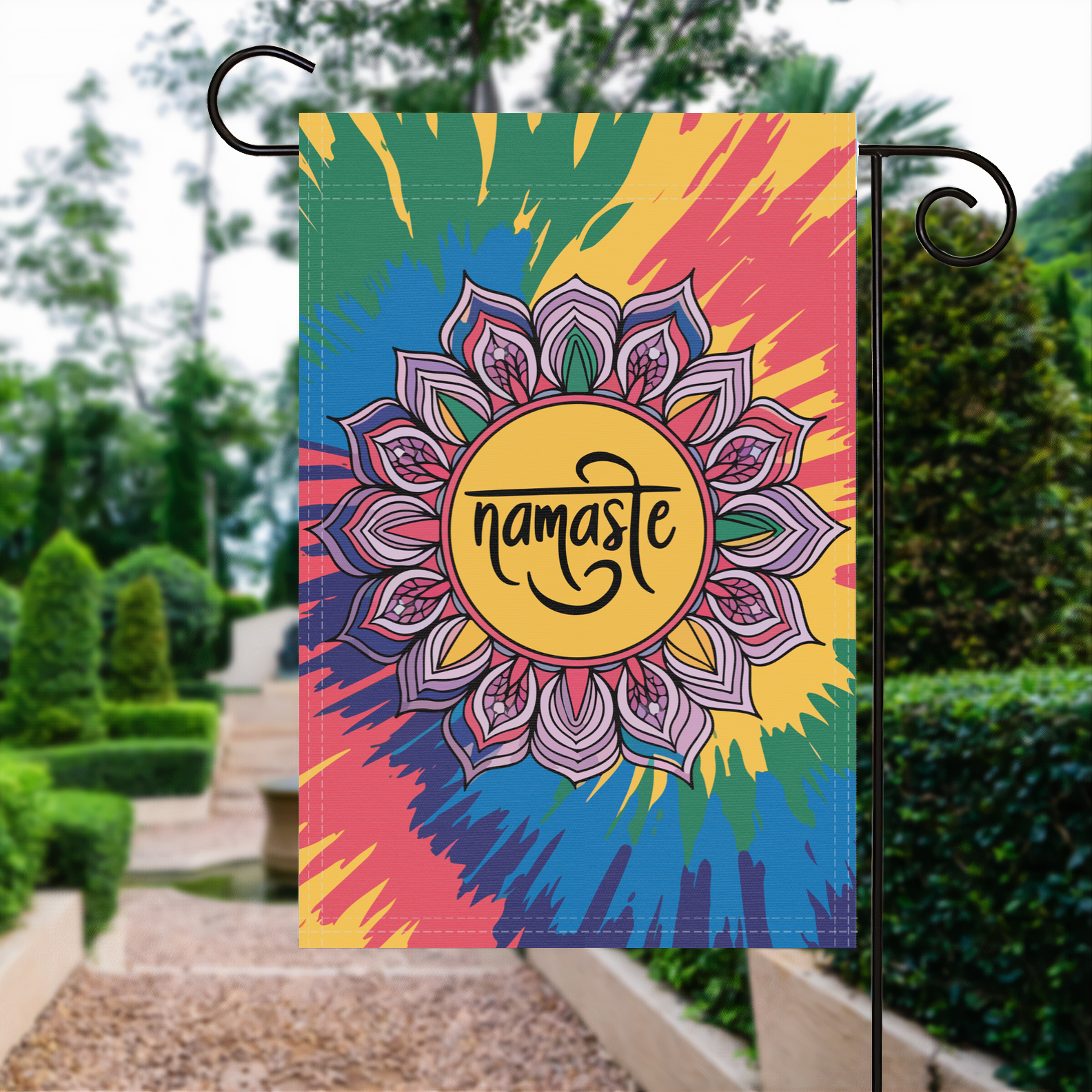 Namaste garden flag made of weatherproof polyester displayed in a garden | Bannerfi