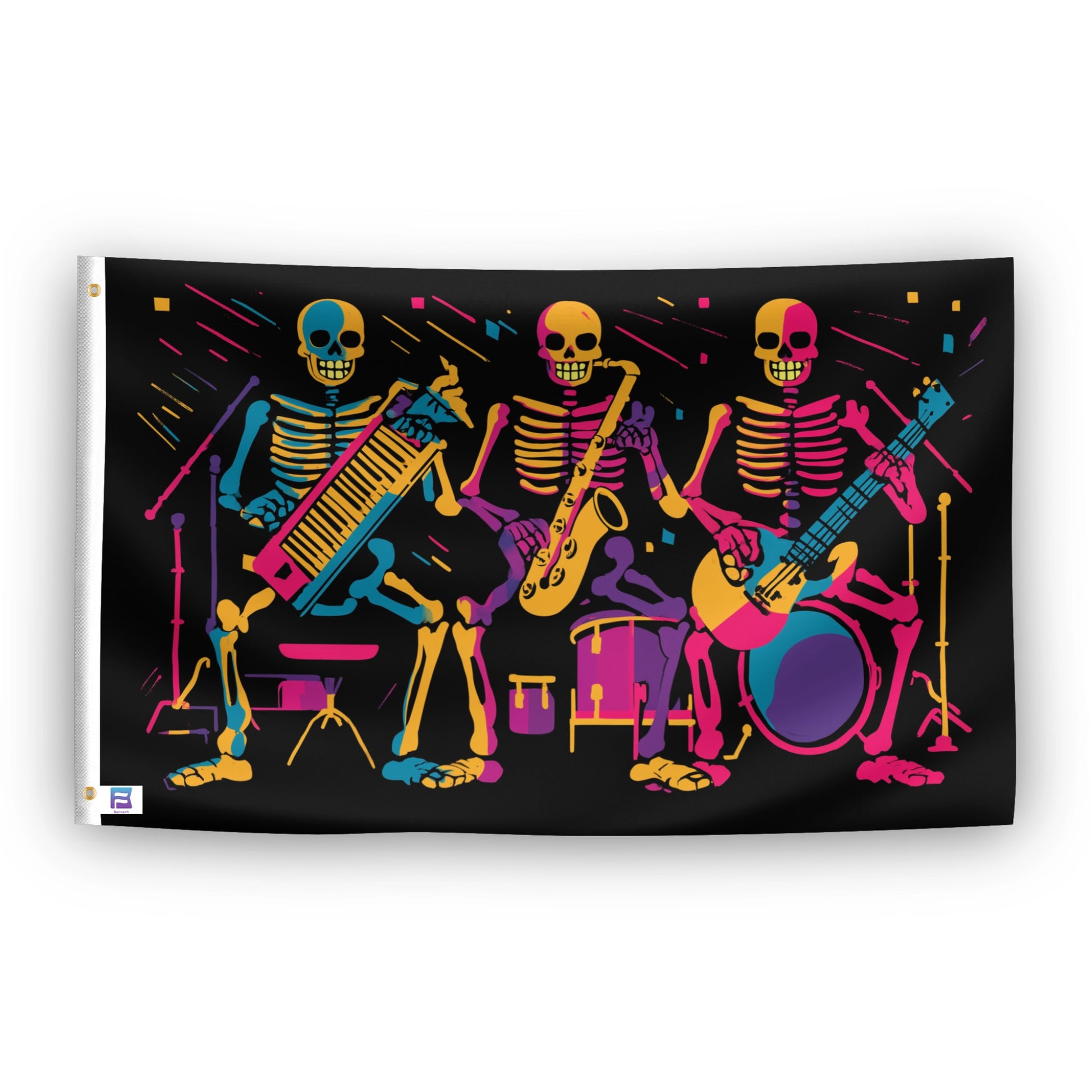 Neon Skeletons Jam Band flag – weatherproof polyester with brass grommets and canvas header | Bannerfi